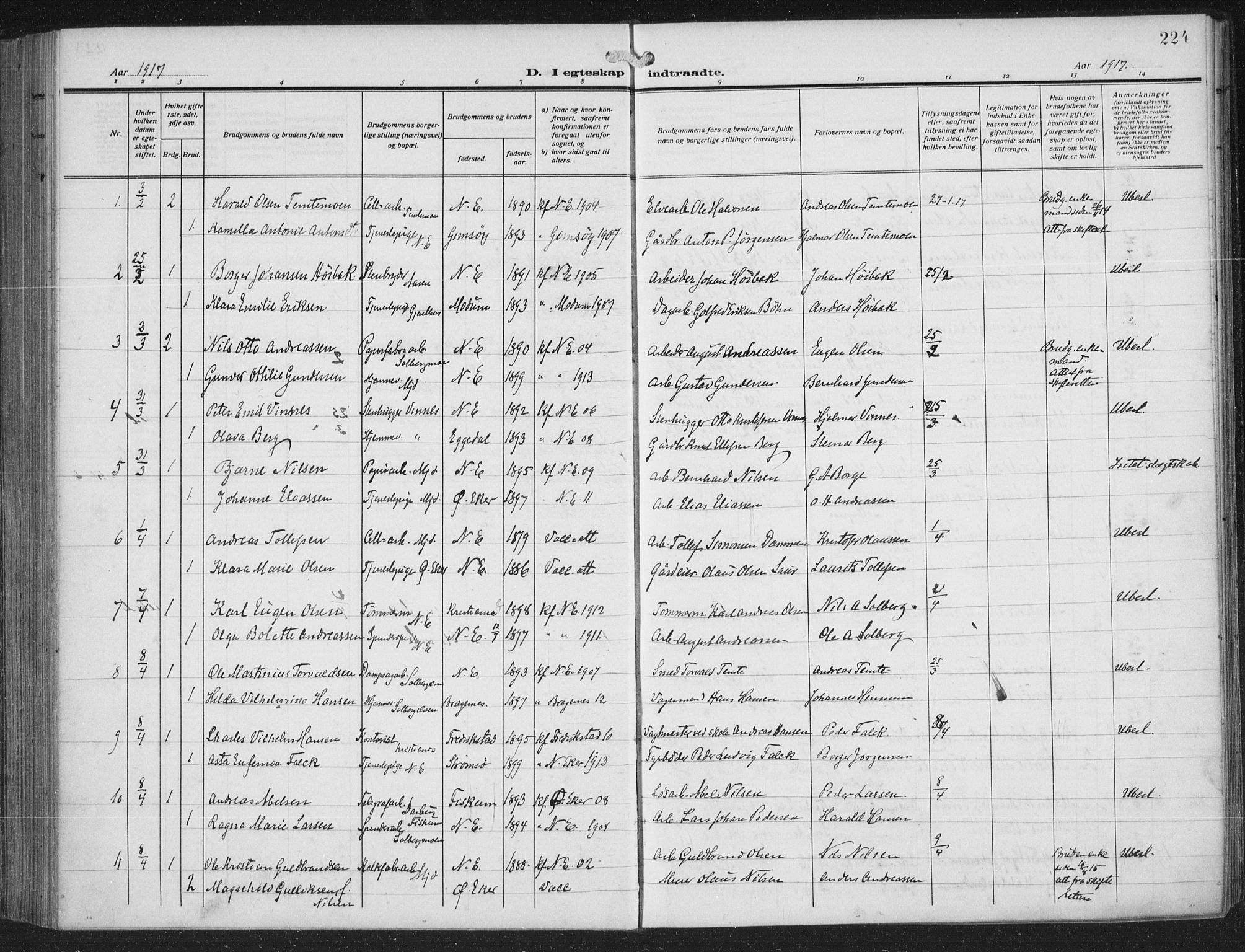 Nedre Eiker kirkebøker, AV/SAKO-A-612/F/Fa/L0007: Parish register (official) no. 7, 1912-1918, p. 224