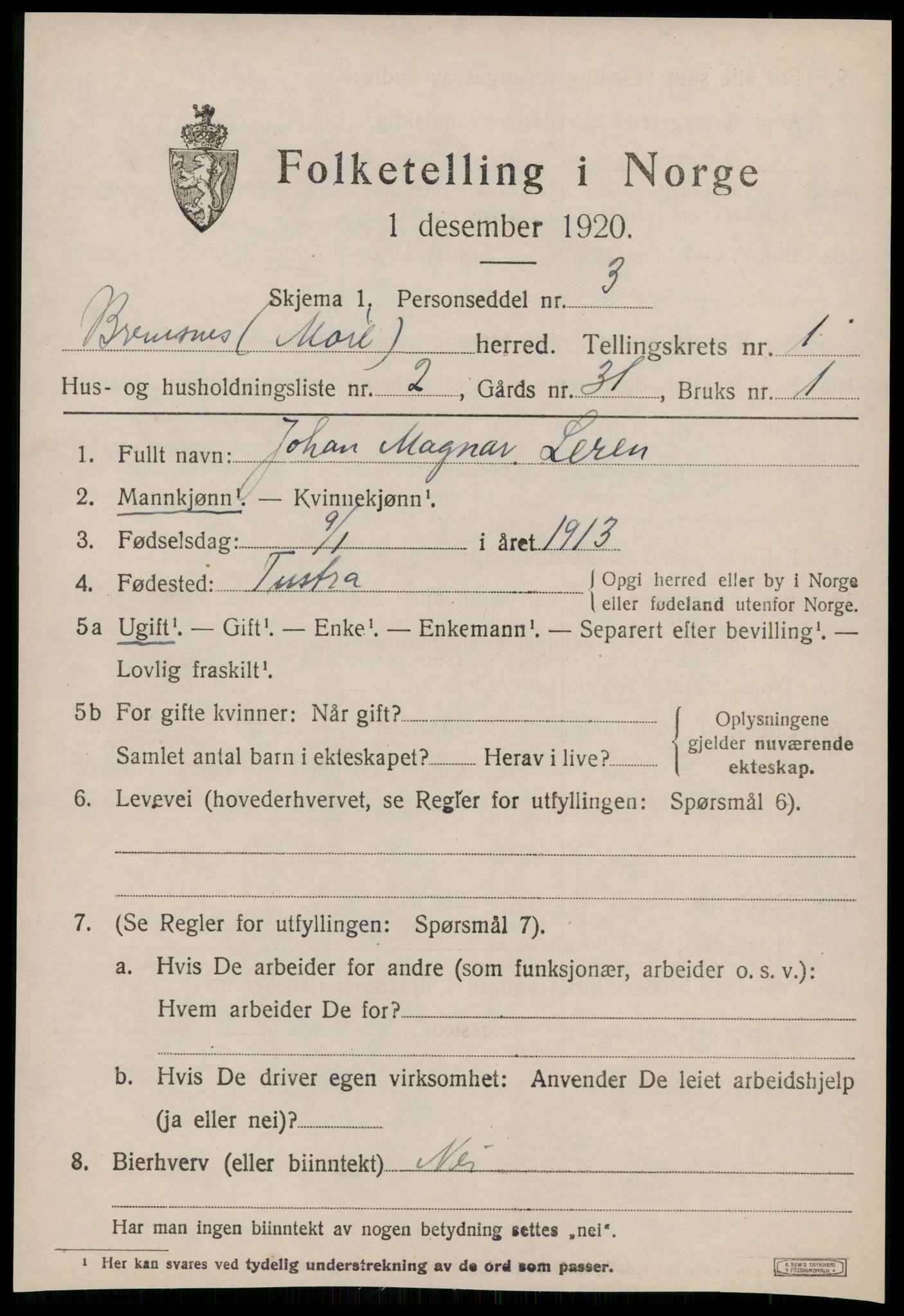 SAT, 1920 census for Bremsnes, 1920, p. 1493