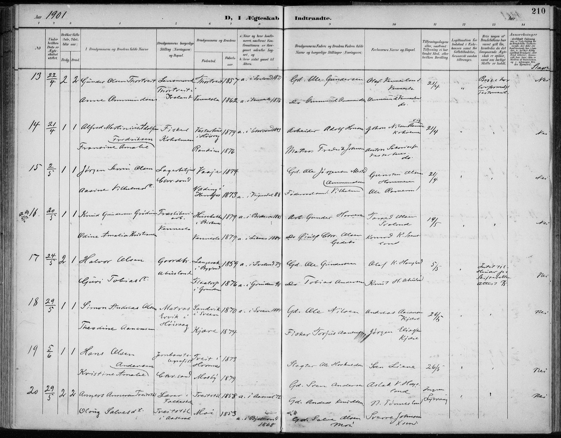 Oddernes sokneprestkontor, AV/SAK-1111-0033/F/Fa/Faa/L0010: Parish register (official) no. A 10, 1897-1911, p. 210