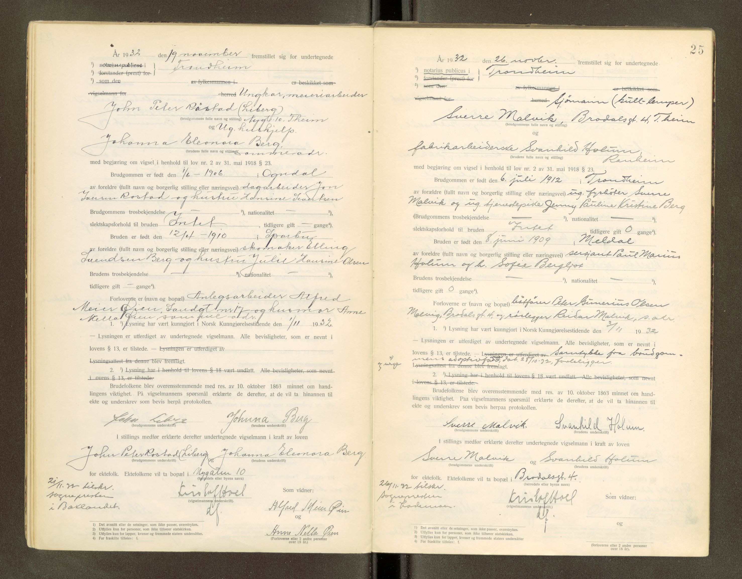 Trondheim byfogd, AV/SAT-A-0003/1/6/6D/L0001: Vigselbøker, 1920-1937, p. 25