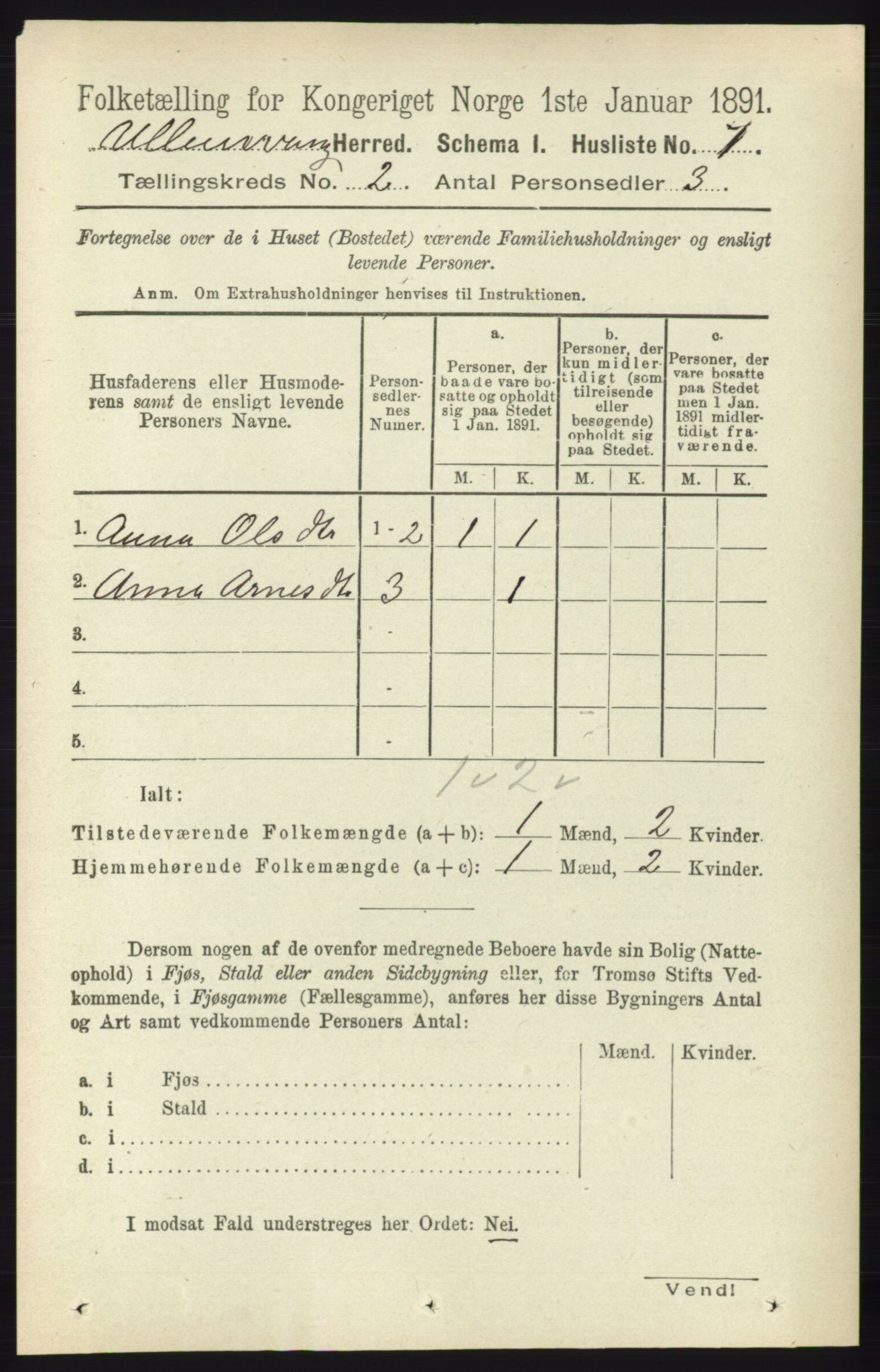 RA, 1891 census for 1230 Ullensvang, 1891, p. 288