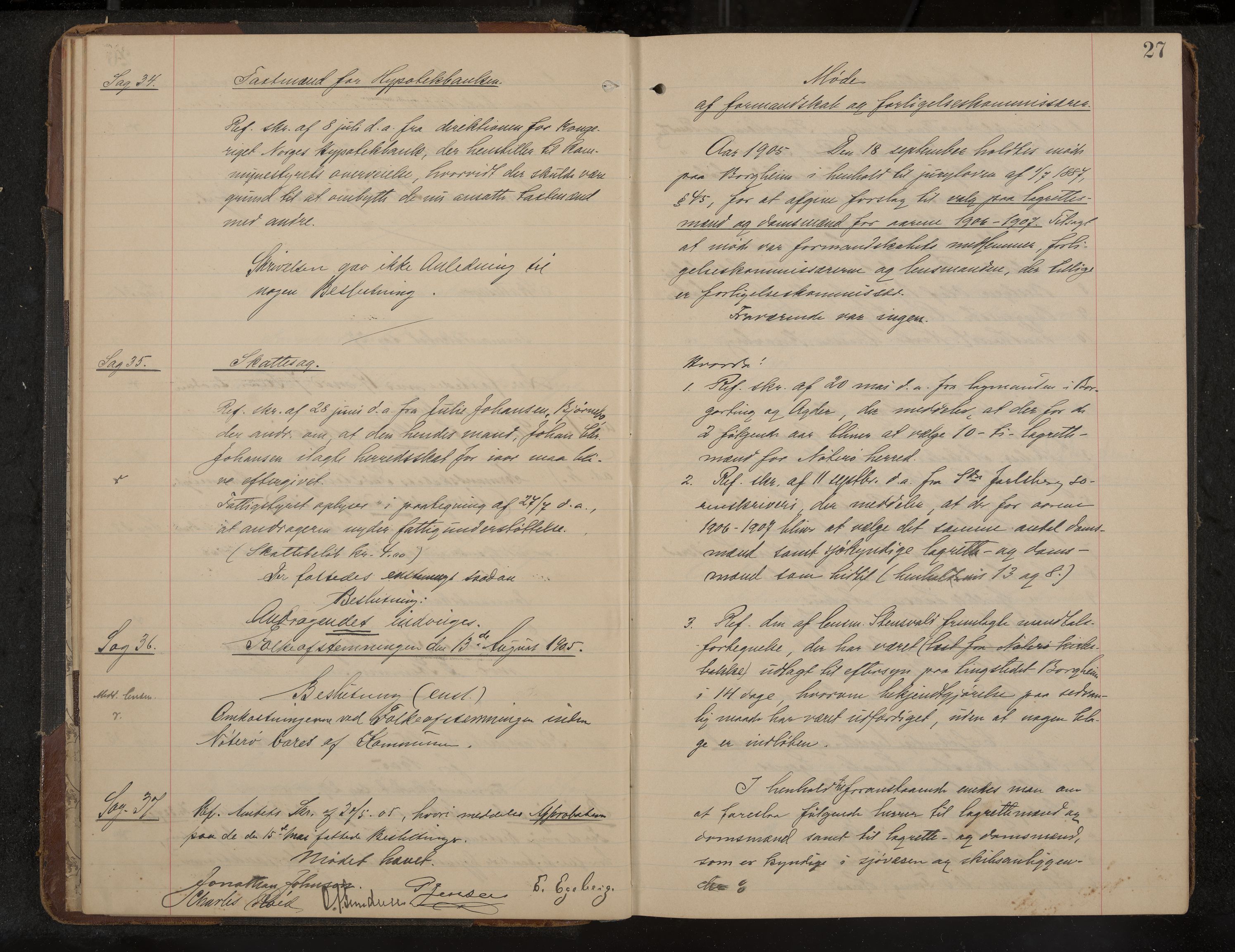 Nøtterøy formannskap og sentraladministrasjon, IKAK/0722021-1/A/Aa/L0006: Møtebok med register, 1905-1913, p. 27