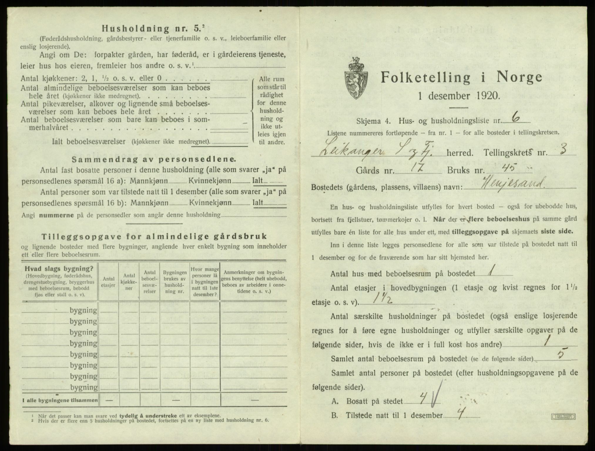 SAB, 1920 census for Leikanger, 1920, p. 288