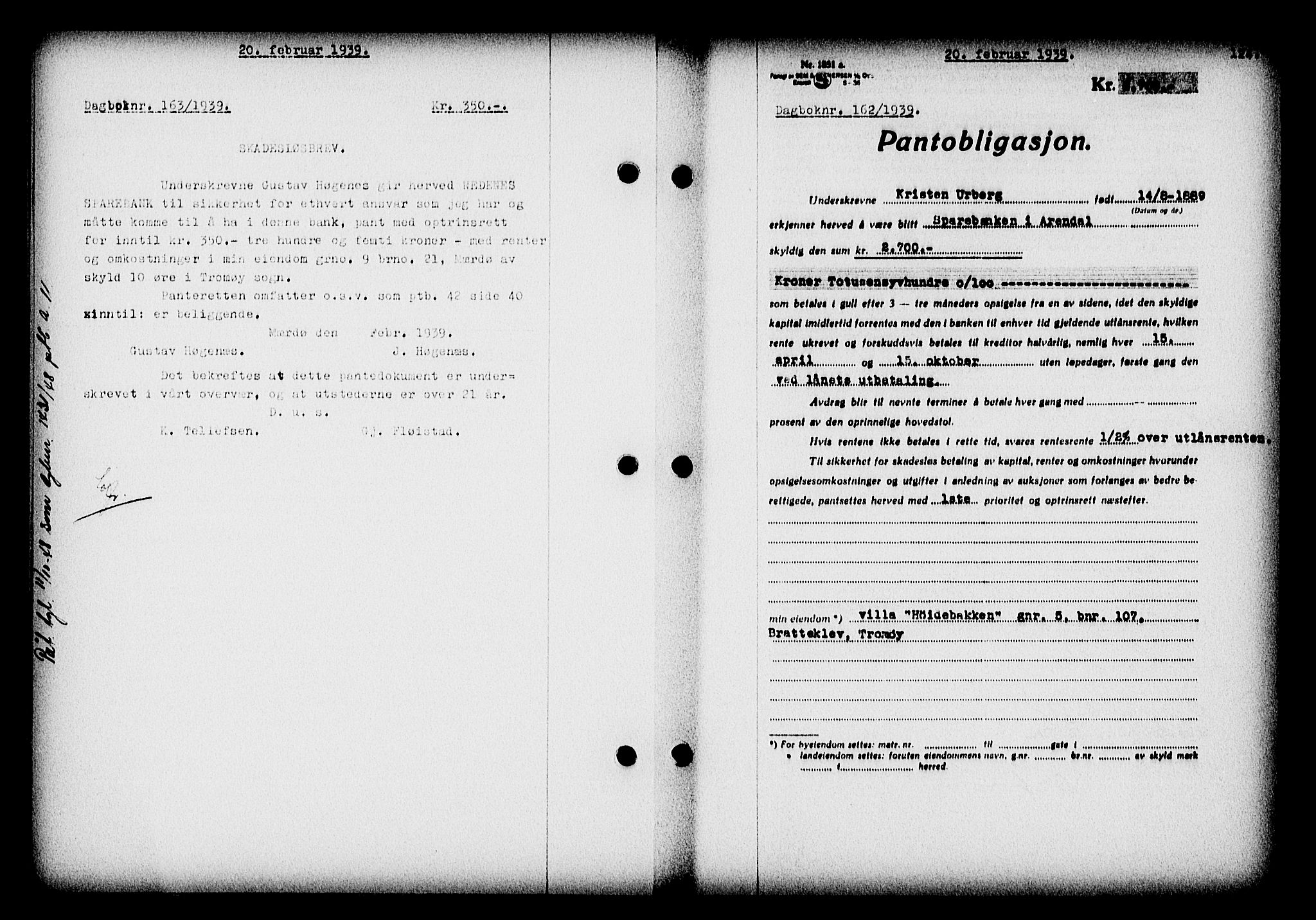 Nedenes sorenskriveri, AV/SAK-1221-0006/G/Gb/Gba/L0046: Mortgage book no. 42, 1938-1939, Diary no: : 162/1939