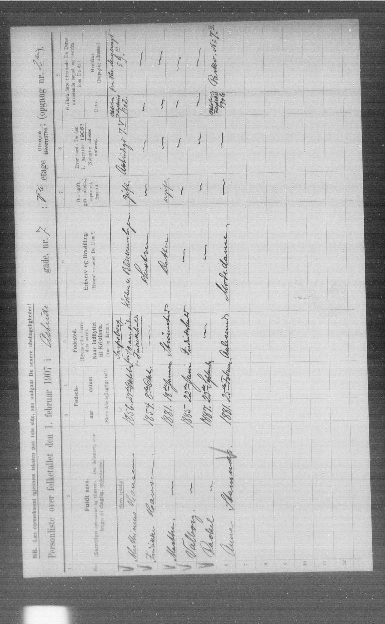 OBA, Municipal Census 1907 for Kristiania, 1907, p. 1376