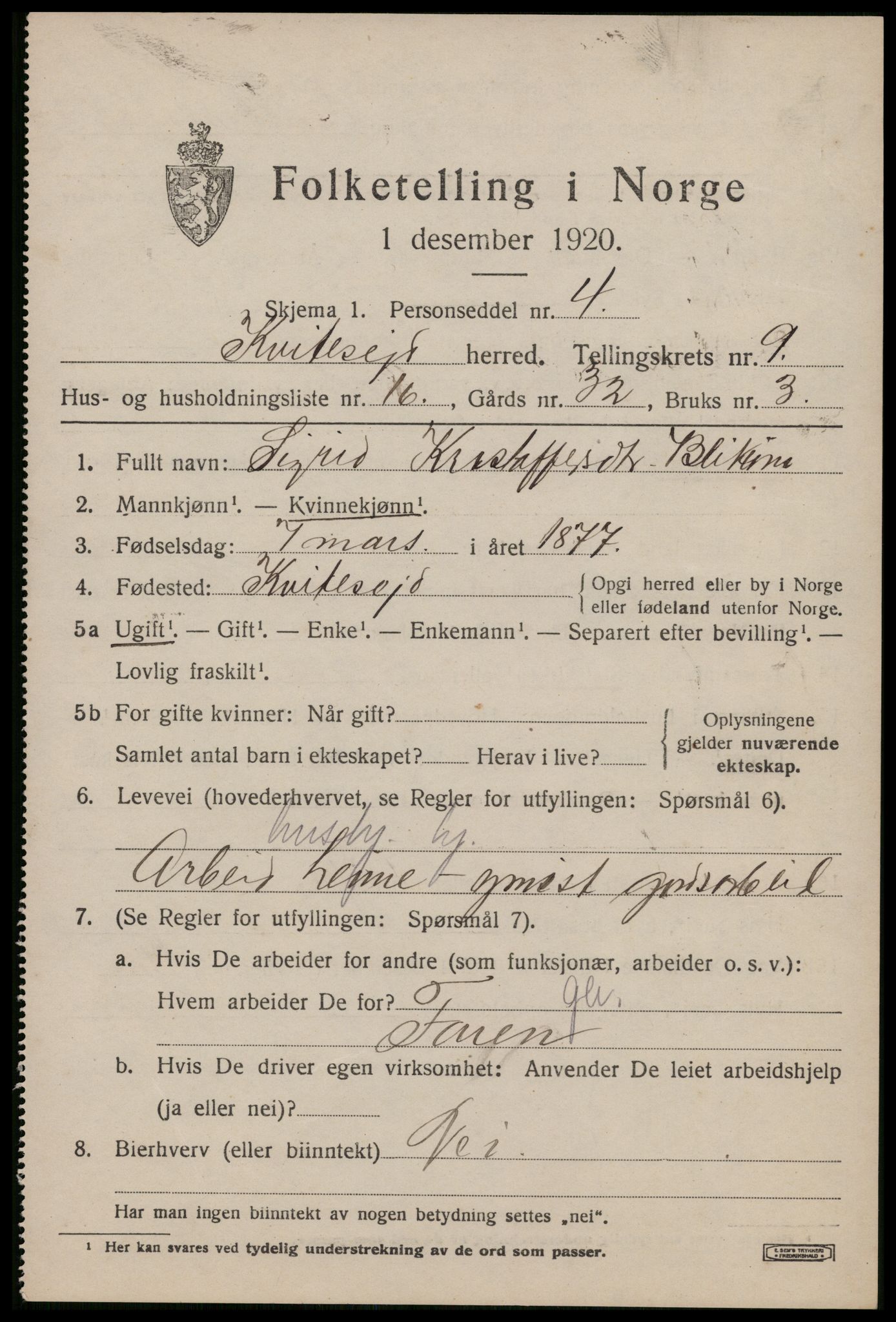 SAKO, 1920 census for Kviteseid, 1920, p. 4357
