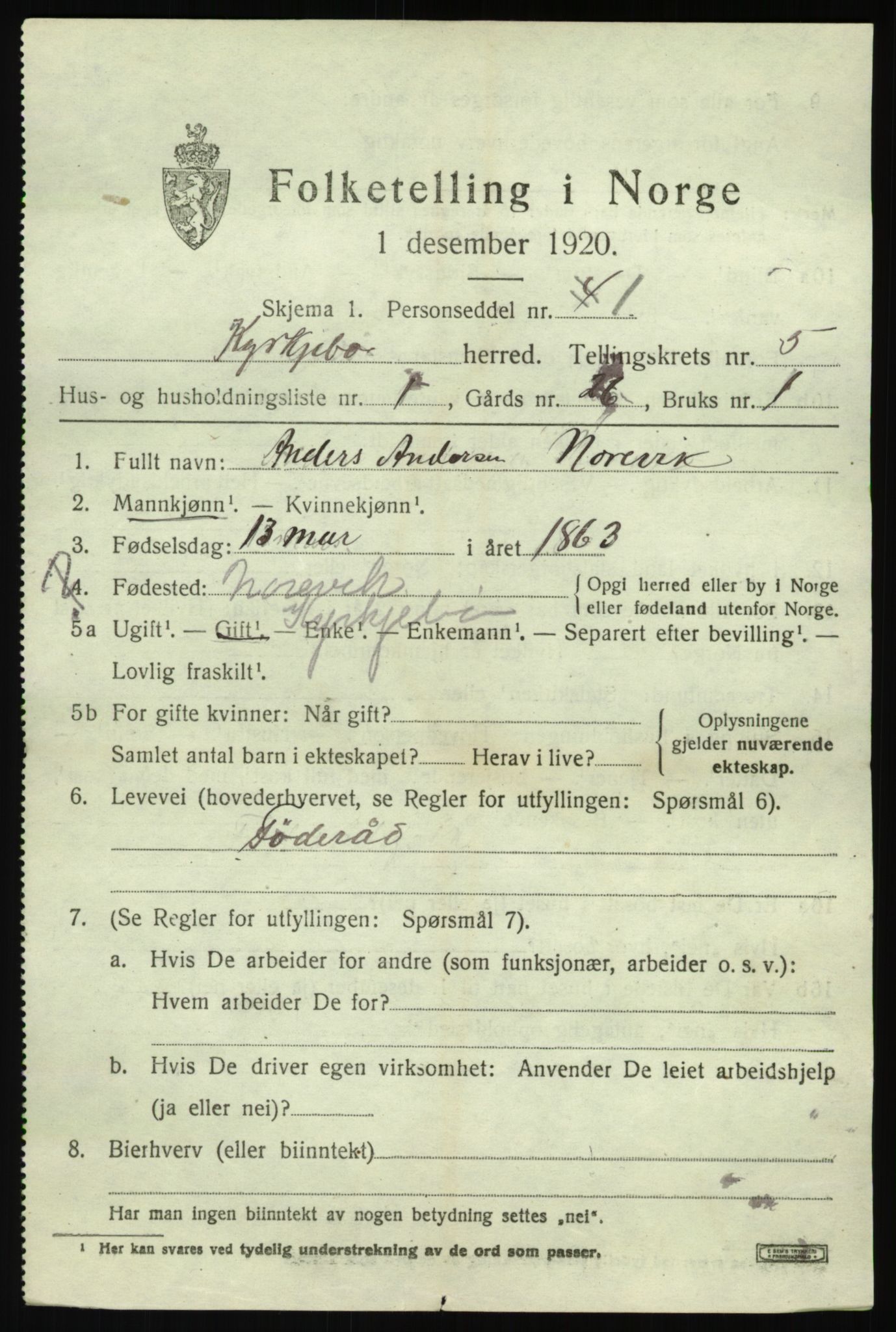 SAB, 1920 census for Kyrkjebø, 1920, p. 1785