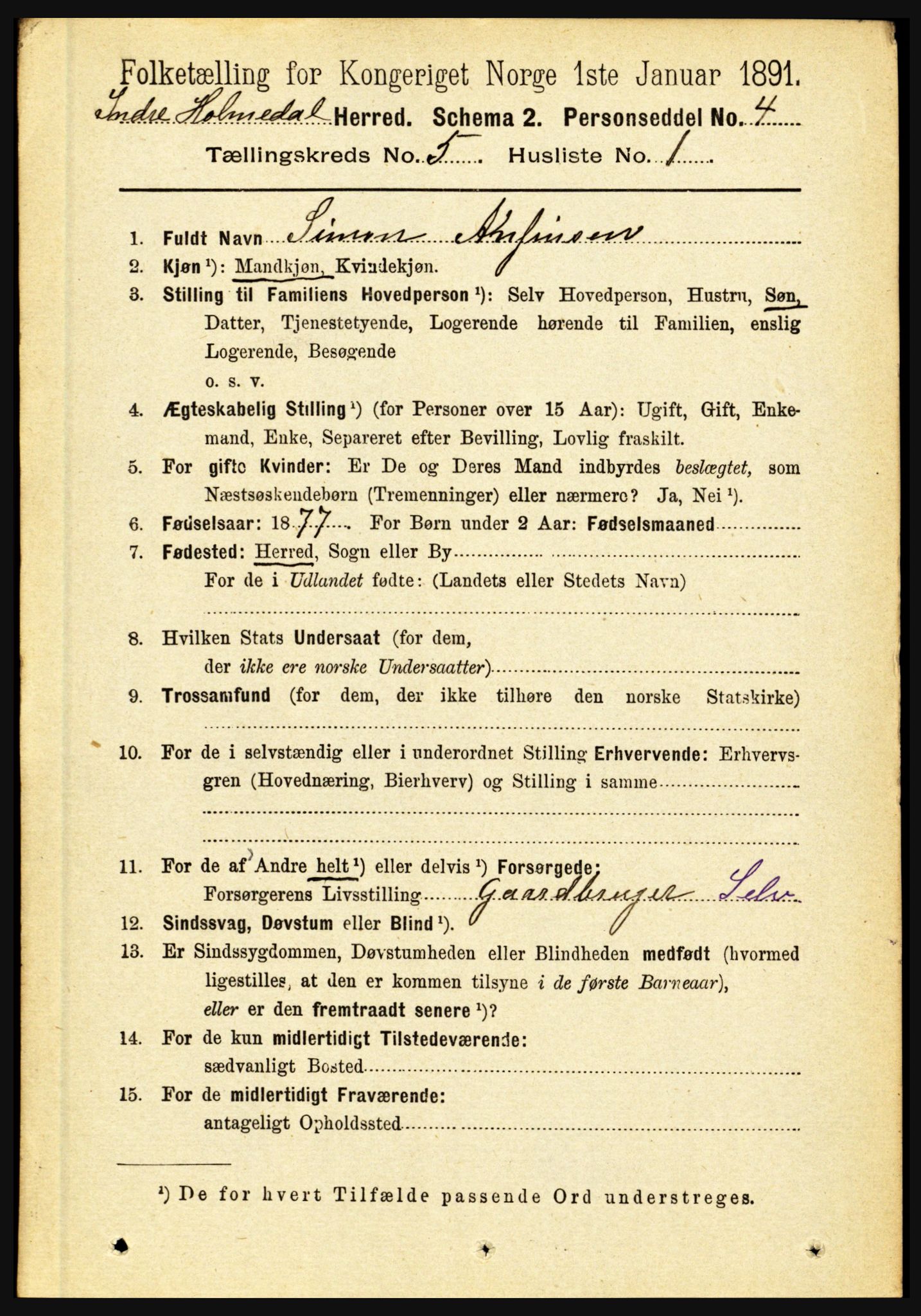 RA, 1891 census for 1430 Indre Holmedal, 1891, p. 1906