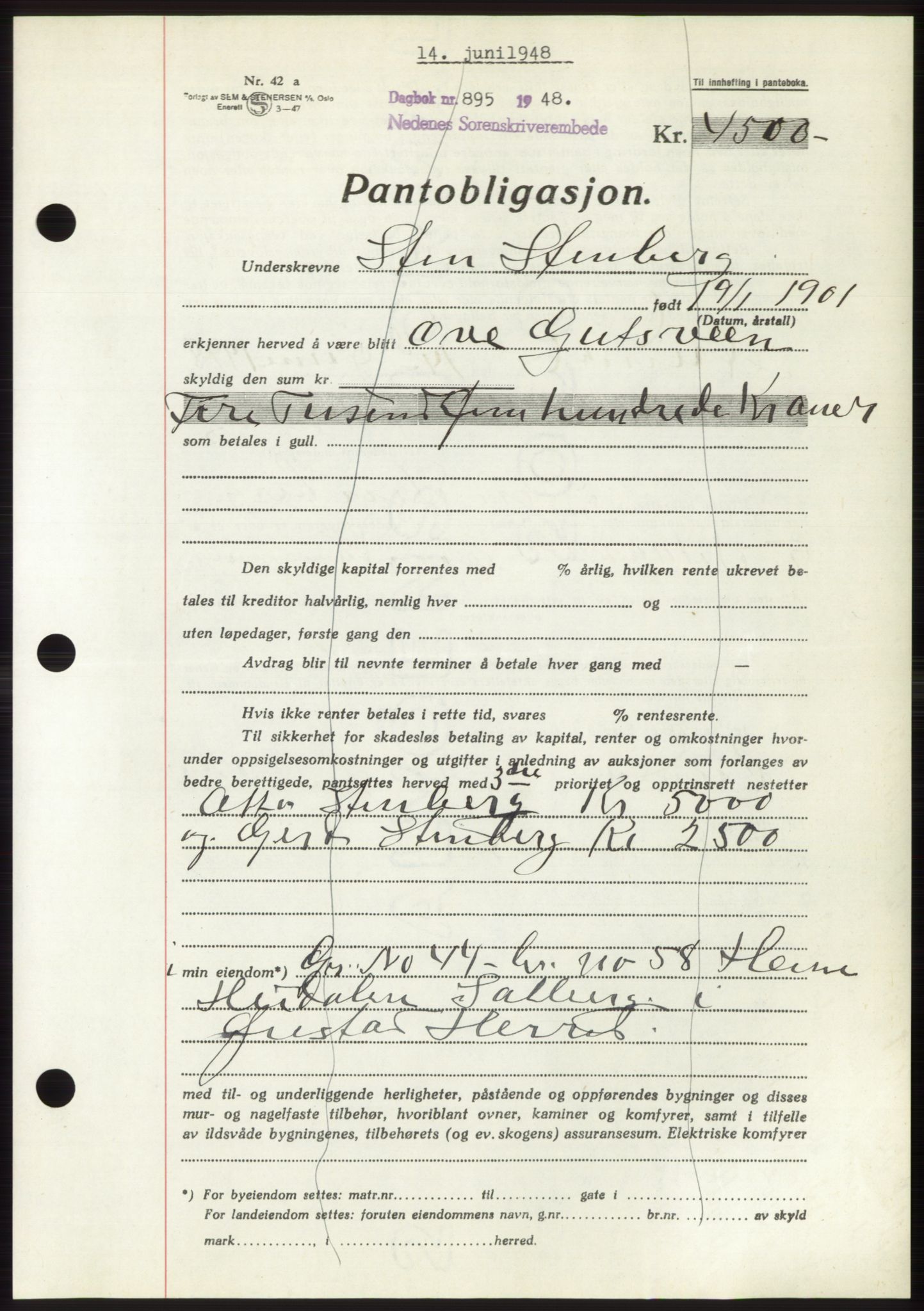 Nedenes sorenskriveri, AV/SAK-1221-0006/G/Gb/Gbb/L0005: Mortgage book no. B5, 1948-1948, Diary no: : 895/1948