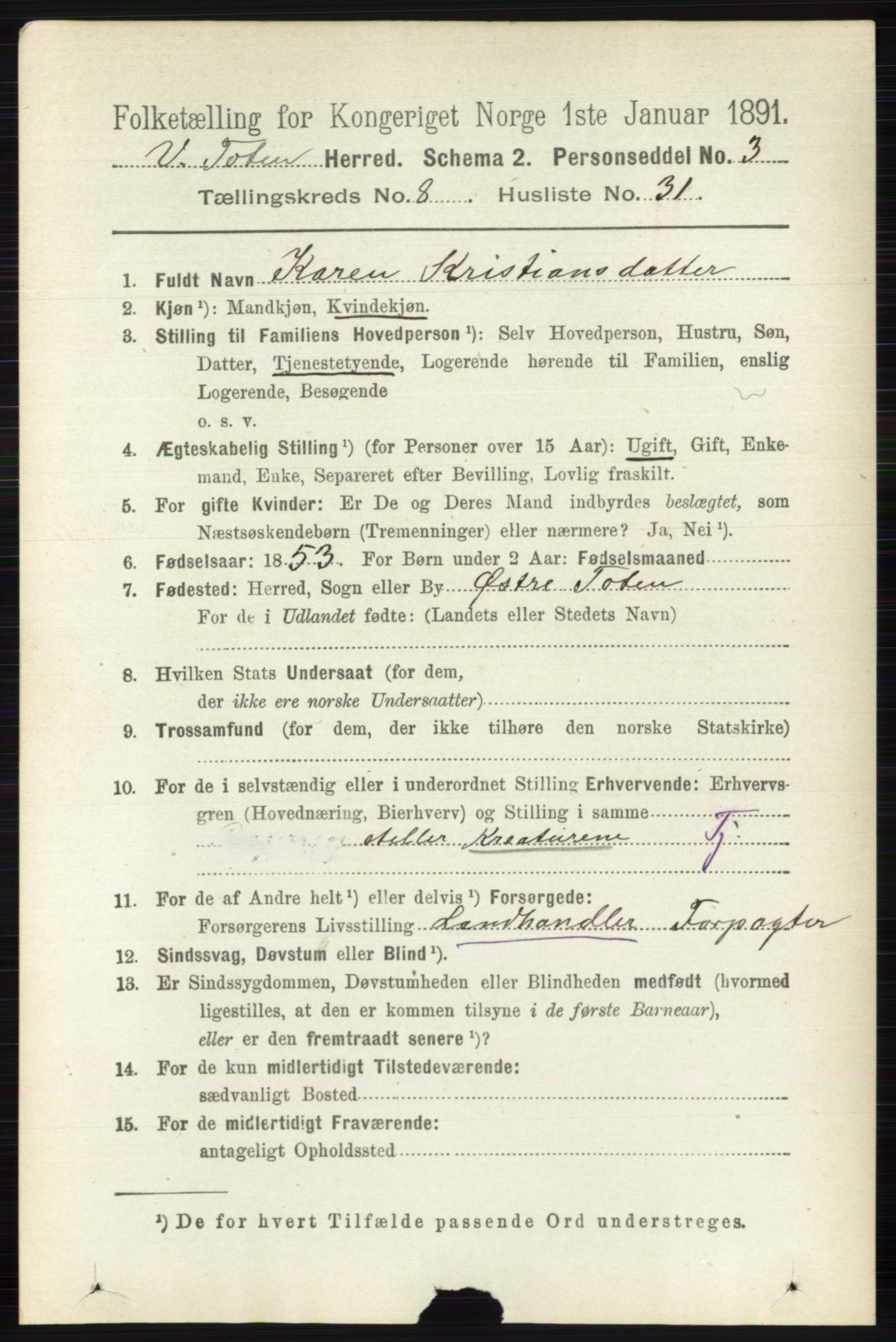 RA, 1891 census for 0529 Vestre Toten, 1891, p. 5188