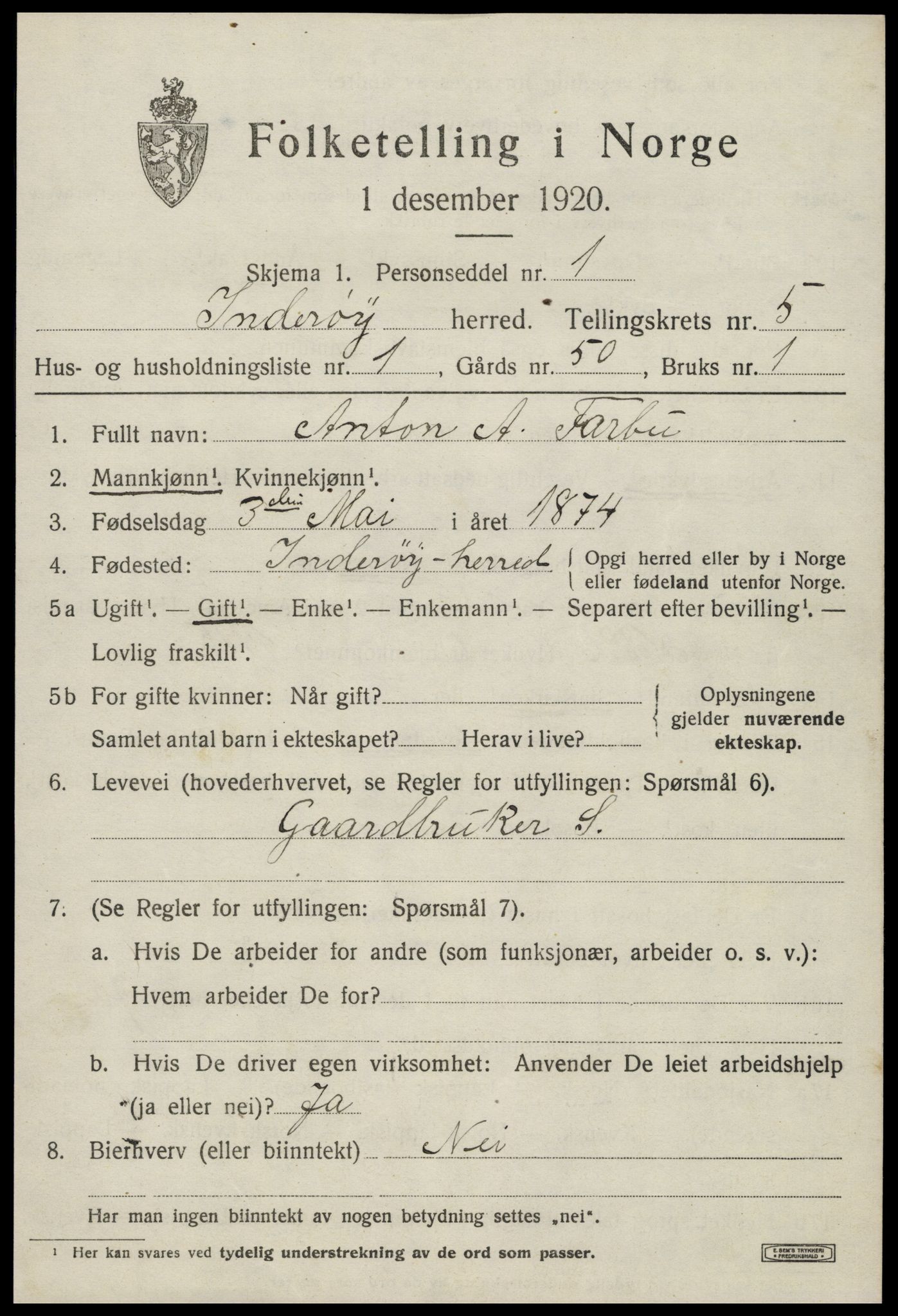 SAT, 1920 census for Inderøy, 1920, p. 4189