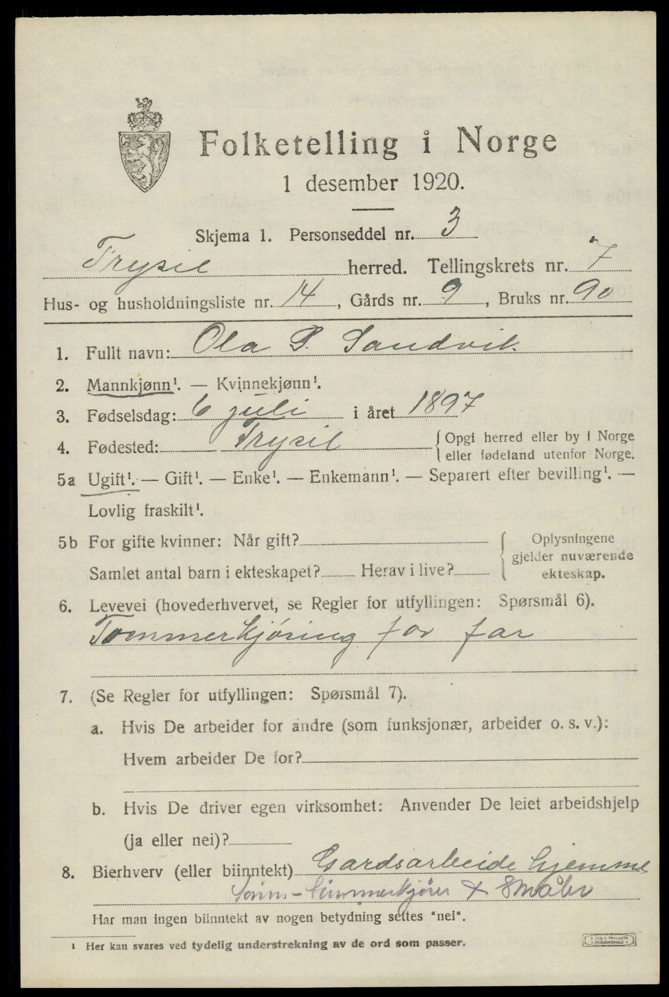 SAH, 1920 census for Trysil, 1920, p. 5369