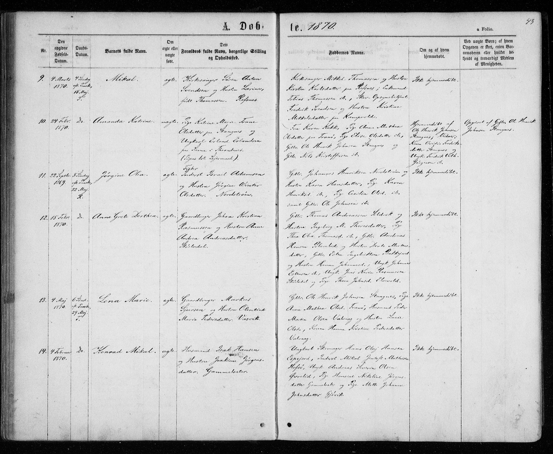 Tranøy sokneprestkontor, SATØ/S-1313/I/Ia/Iaa/L0008kirke: Parish register (official) no. 8, 1867-1877, p. 43