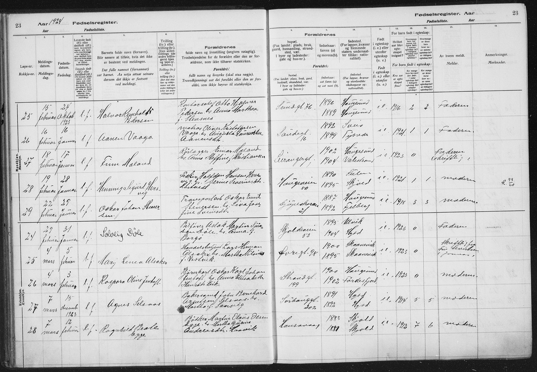 Haugesund sokneprestkontor, SAST/A -101863/I/Id/L0005: Birth register no. 3, 1923-1929, p. 23