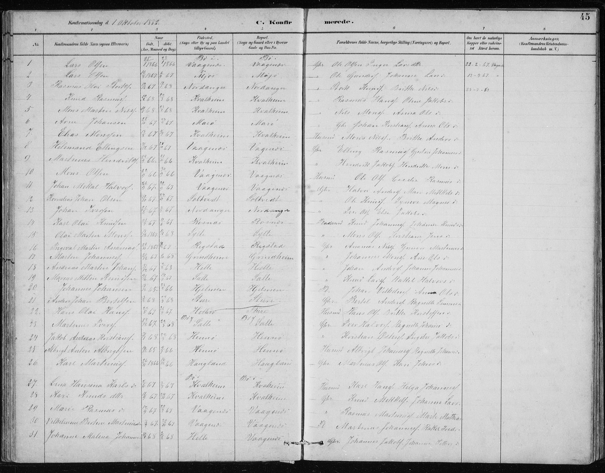 Manger sokneprestembete, SAB/A-76801/H/Hab: Parish register (copy) no. B 2, 1882-1890, p. 45
