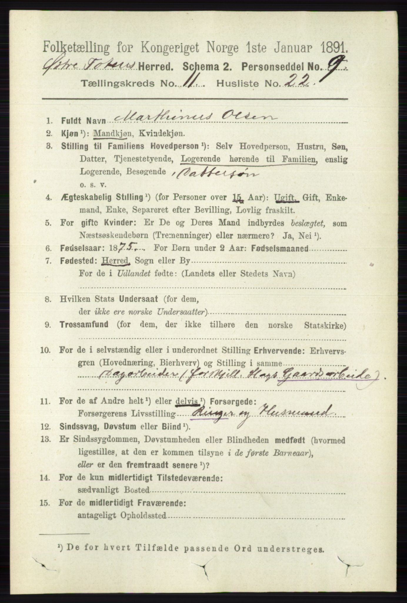 RA, 1891 census for 0528 Østre Toten, 1891, p. 7069