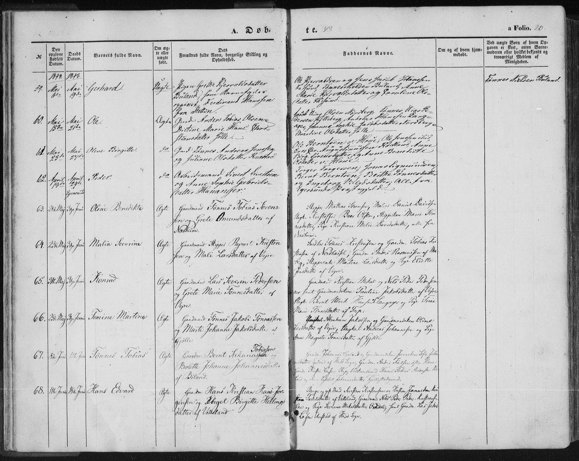 Lista sokneprestkontor, AV/SAK-1111-0027/F/Fa/L0010: Parish register (official) no. A 10, 1846-1861, p. 20