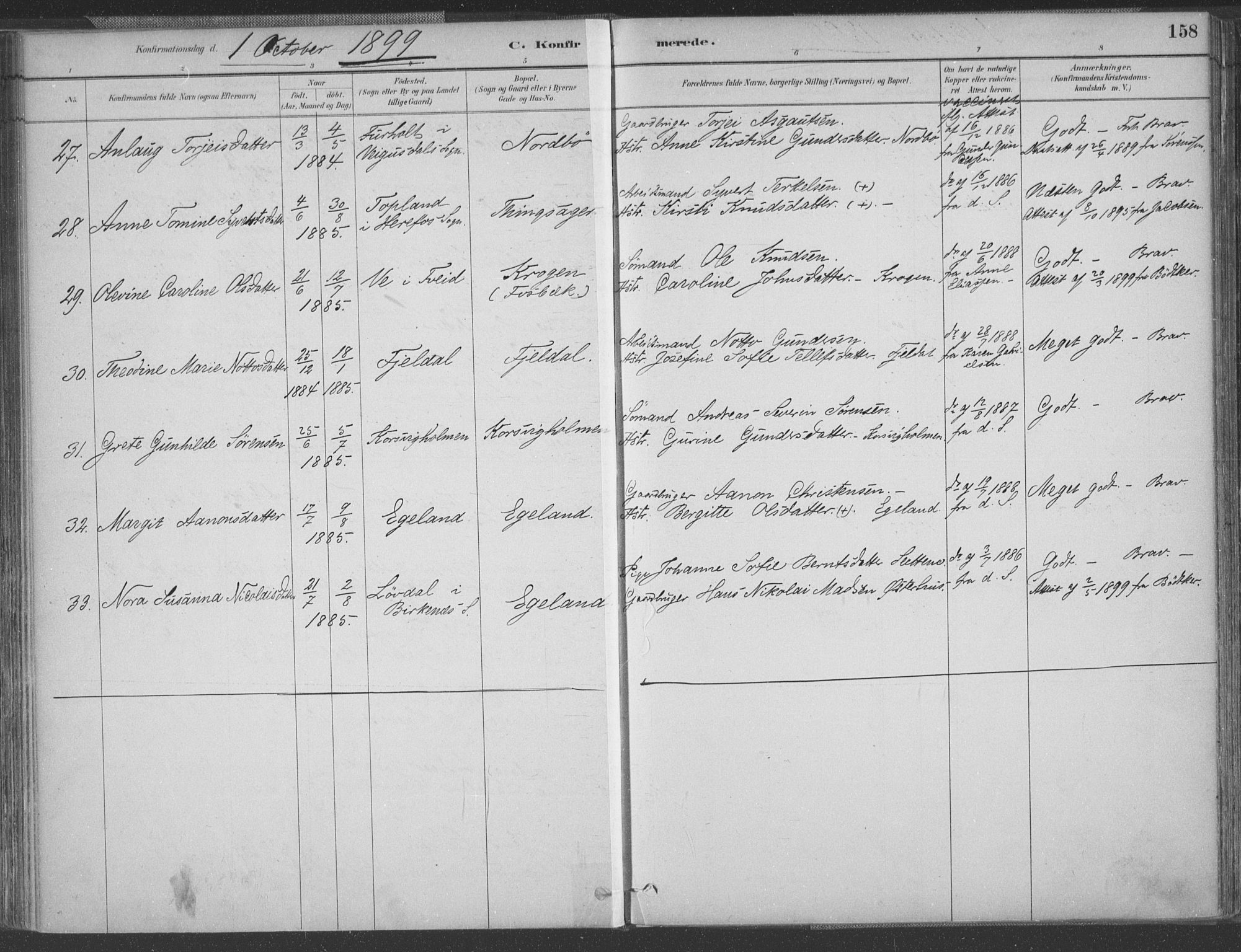 Vestre Moland sokneprestkontor, AV/SAK-1111-0046/F/Fa/Fab/L0009: Parish register (official) no. A 9, 1884-1899, p. 158