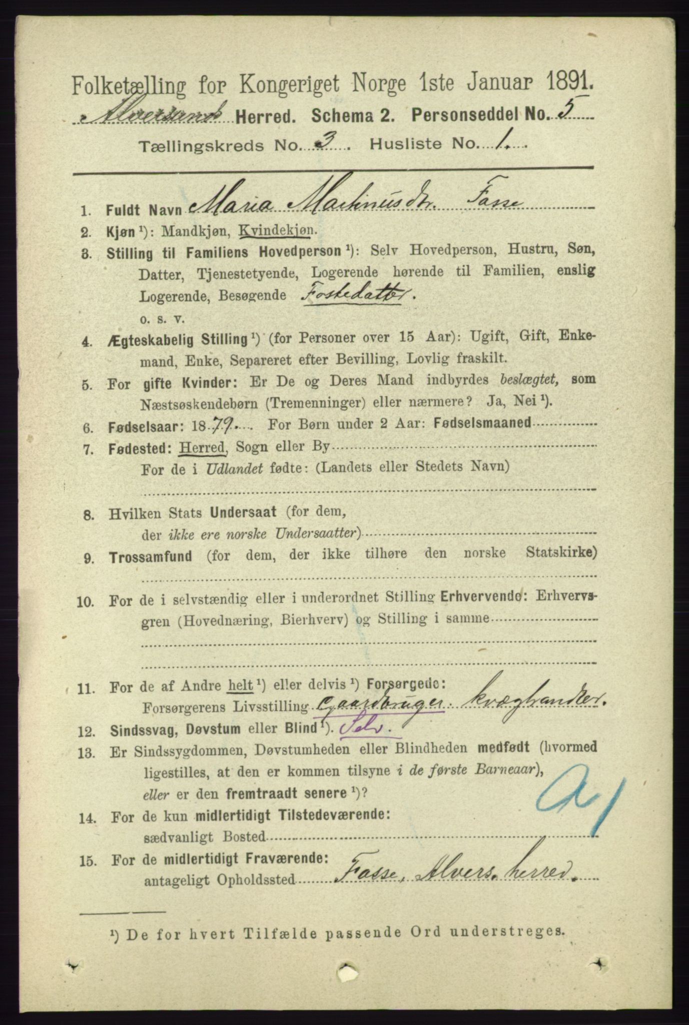 RA, 1891 census for 1257 Alversund, 1891, p. 1036