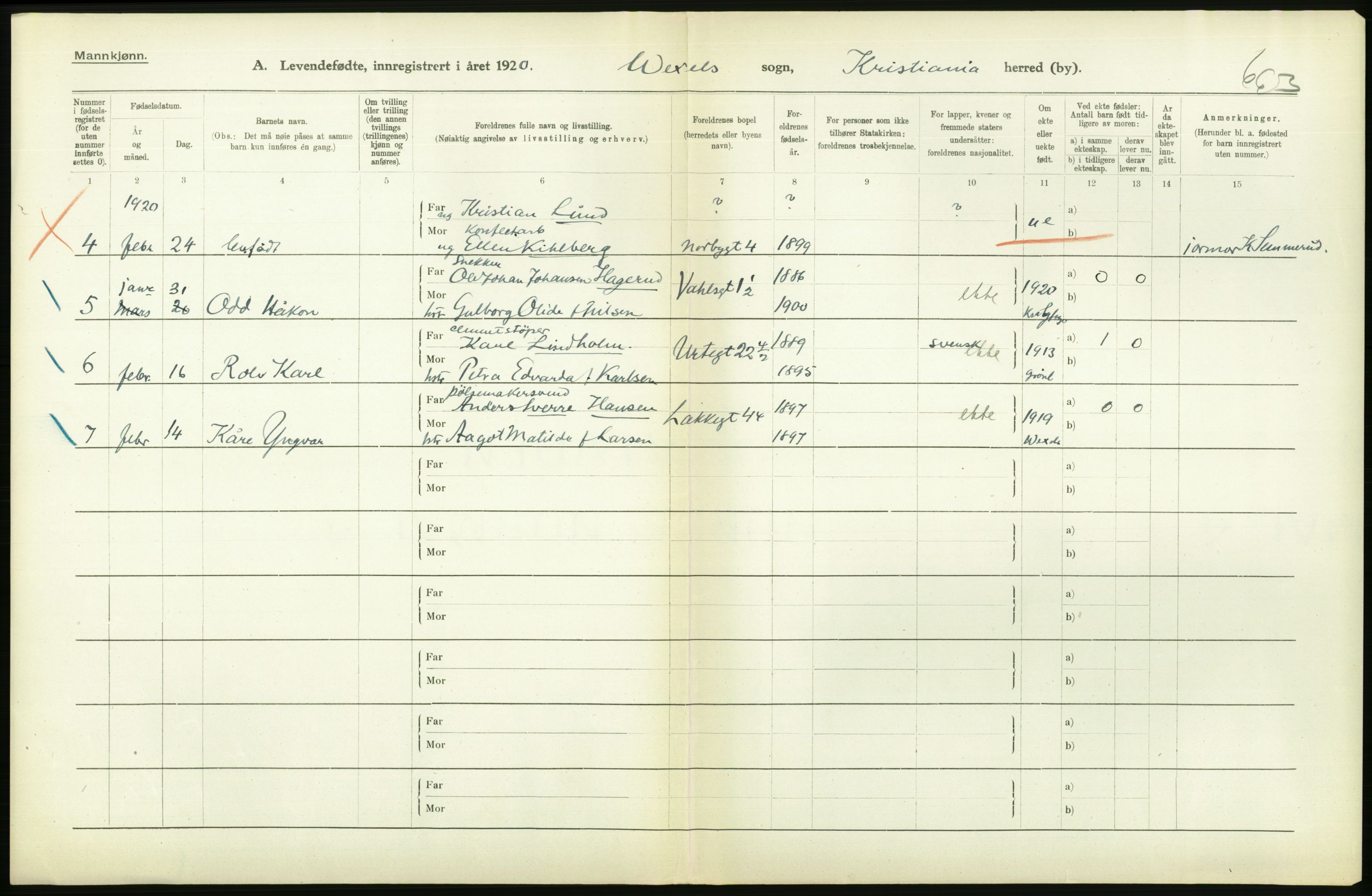 Statistisk sentralbyrå, Sosiodemografiske emner, Befolkning, AV/RA-S-2228/D/Df/Dfb/Dfbj/L0008: Kristiania: Levendefødte menn og kvinner., 1920, p. 286