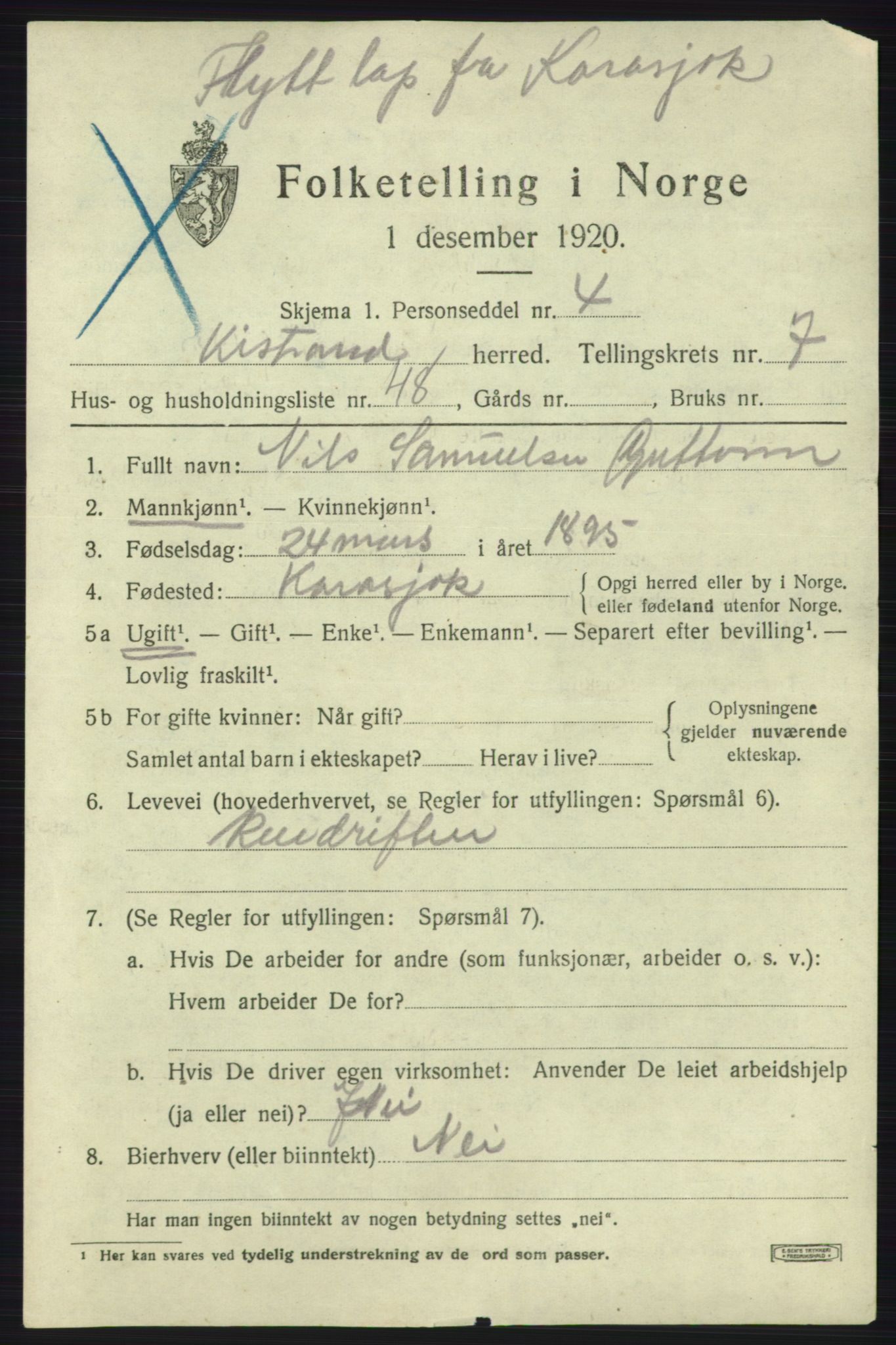 SATØ, 1920 census for Kistrand, 1920, p. 4744