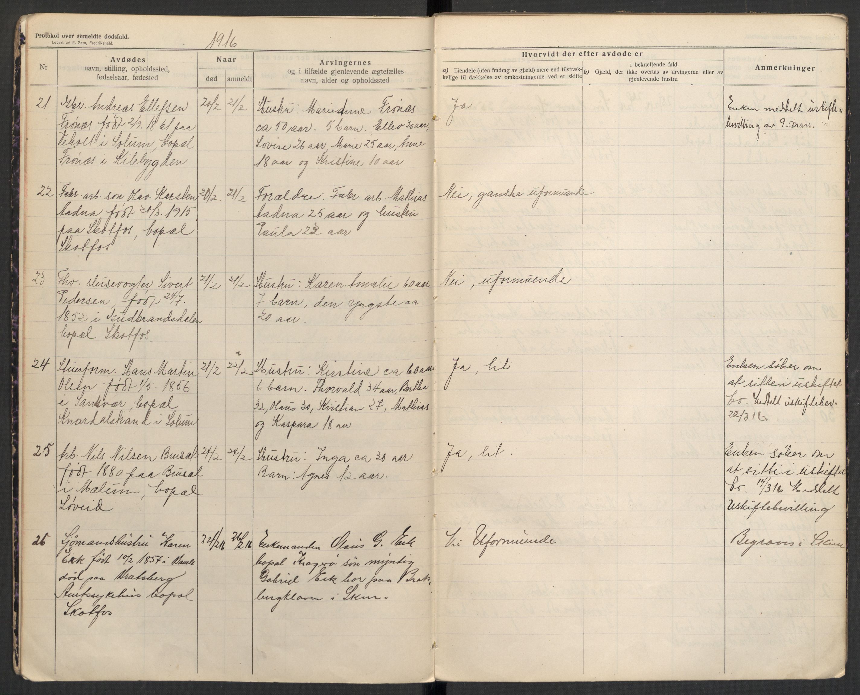 Solum lensmannskontor, AV/SAKO-A-575/H/Ha/L0003: Dødsanmeldelsesprotokoll, 1916-1917