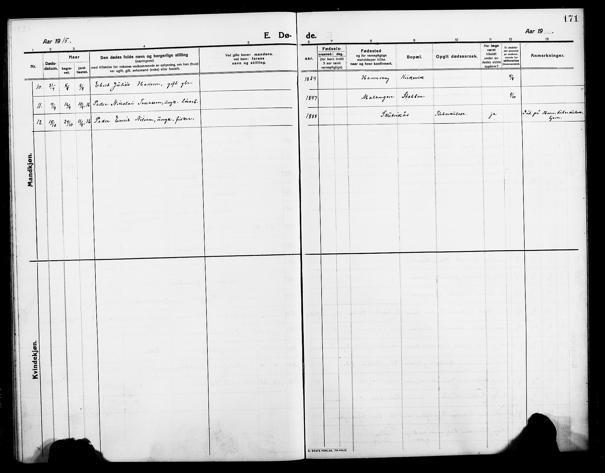 Balsfjord sokneprestembete, SATØ/S-1303/G/Ga/L0004klokker: Parish register (copy) no. 4, 1910-1926, p. 171