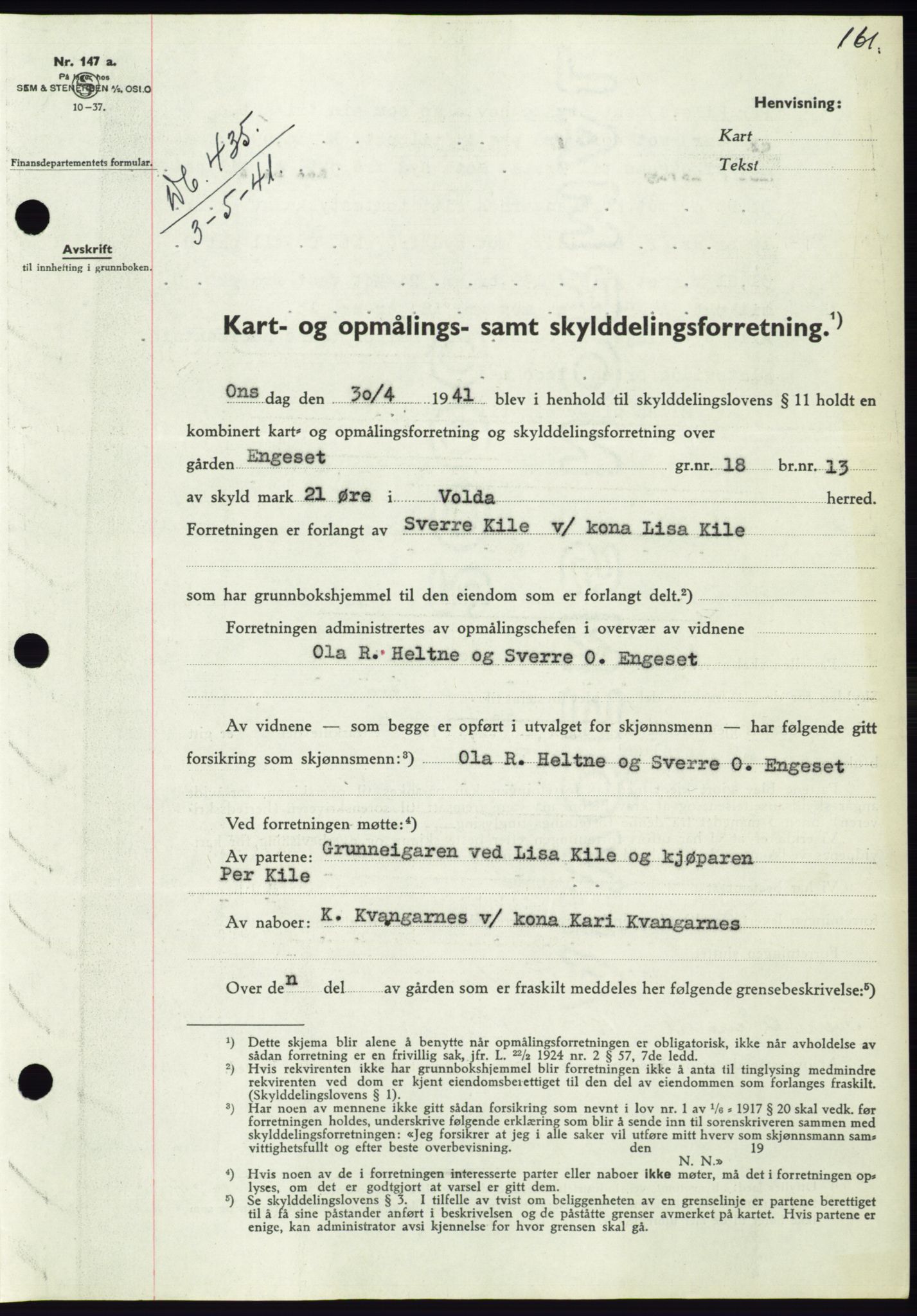 Søre Sunnmøre sorenskriveri, AV/SAT-A-4122/1/2/2C/L0071: Mortgage book no. 65, 1941-1941, Diary no: : 435/1941