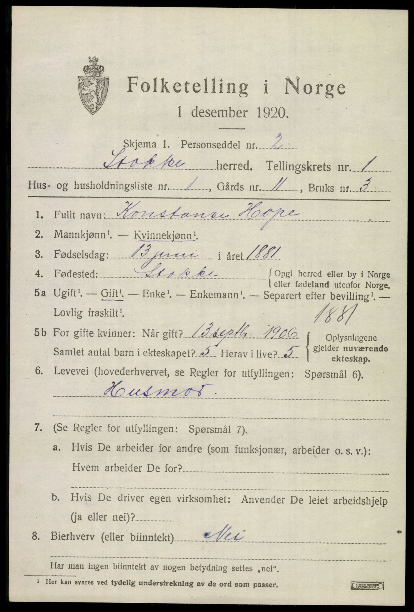 SAKO, 1920 census for Stokke, 1920, p. 2038