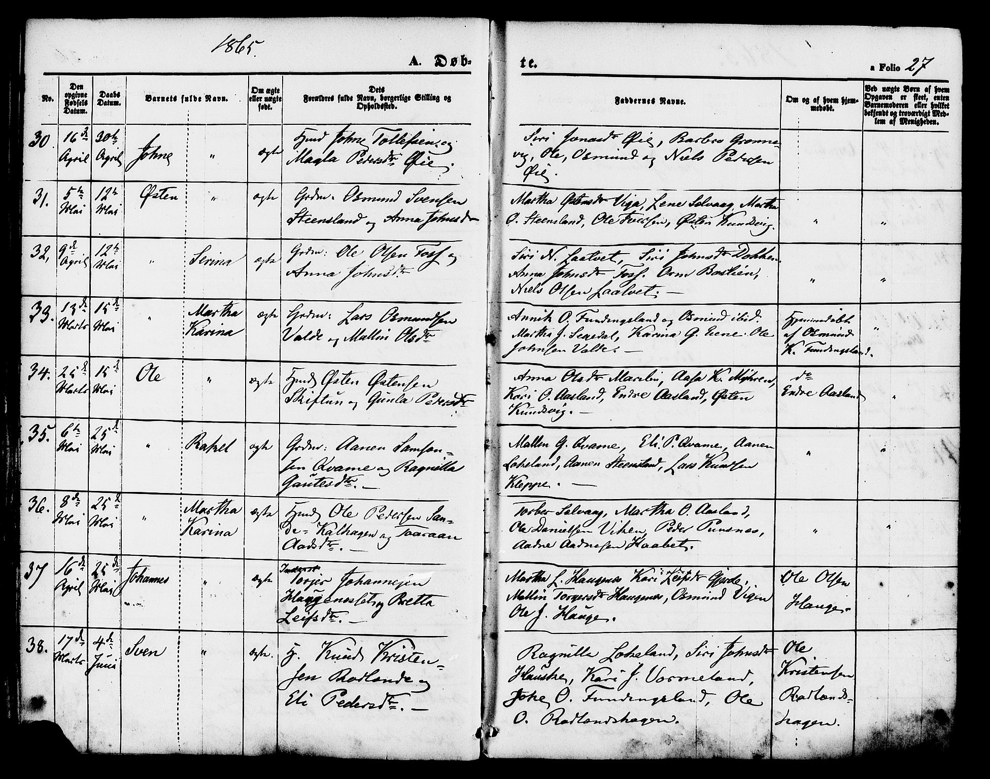 Hjelmeland sokneprestkontor, AV/SAST-A-101843/01/IV/L0011: Parish register (official) no. A 11, 1861-1878, p. 27