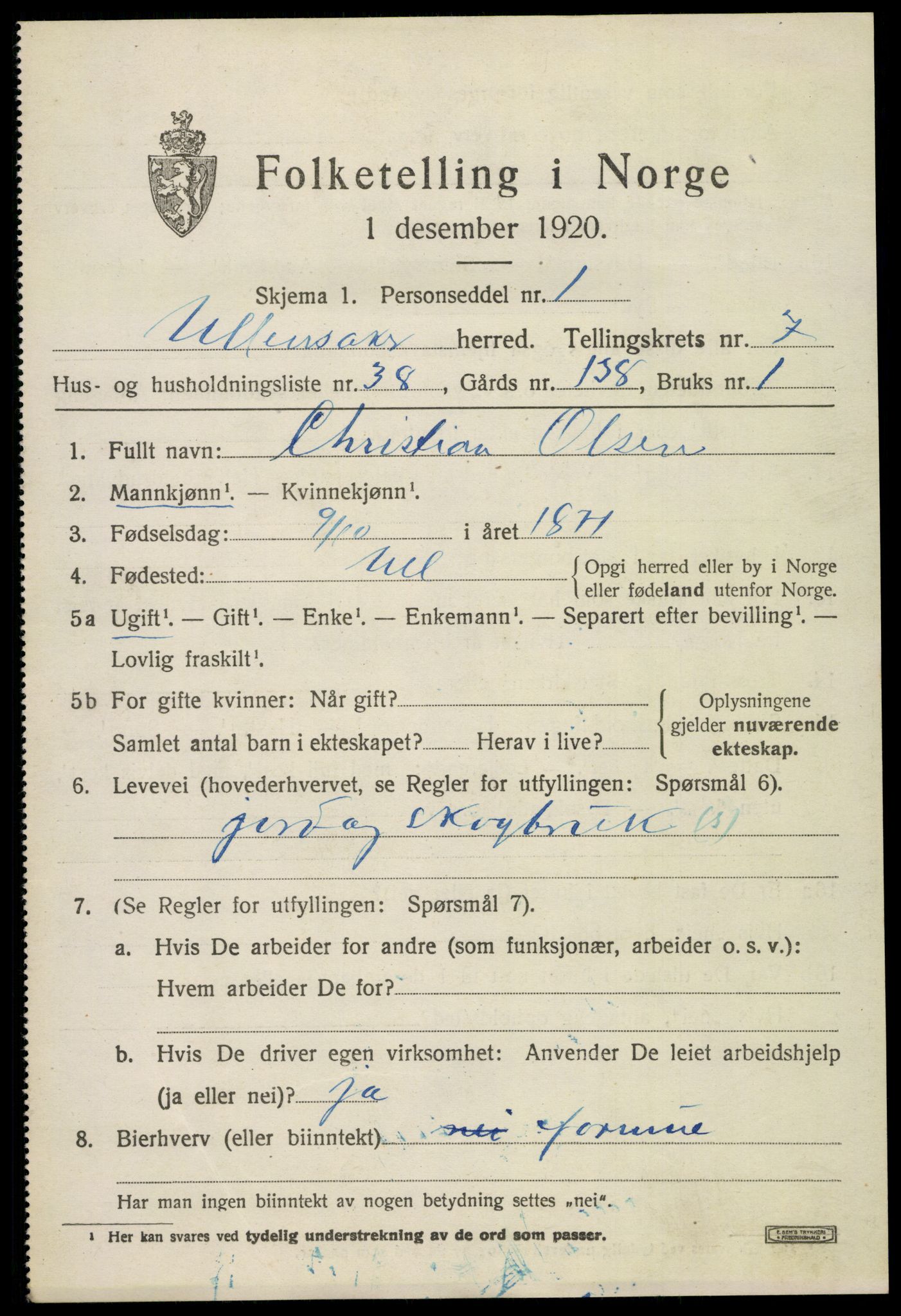 SAO, 1920 census for Ullensaker, 1920, p. 13403