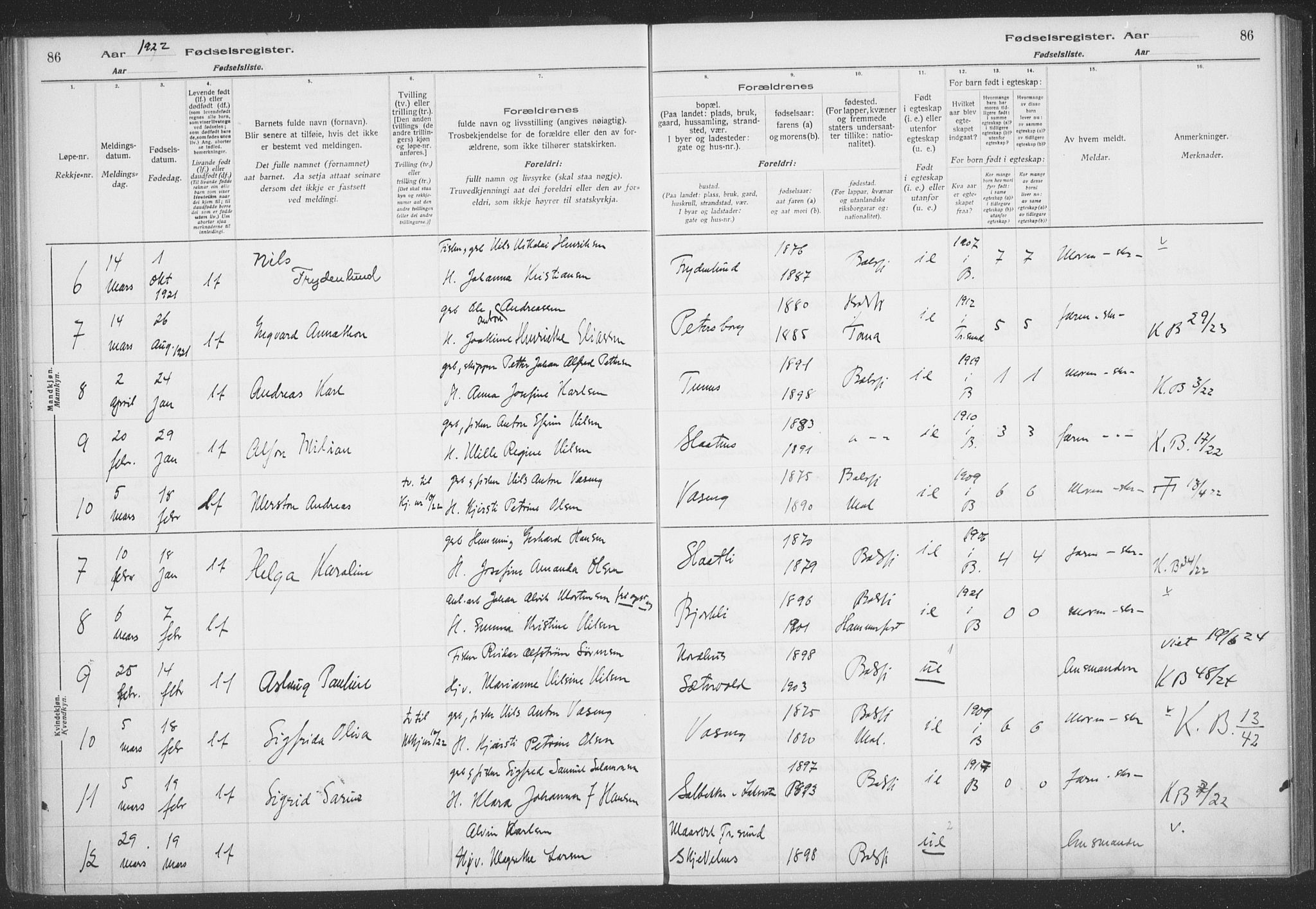 Balsfjord sokneprestembete, AV/SATØ-S-1303/H/Hb/L0059: Birth register no. 59, 1916-1930, p. 86