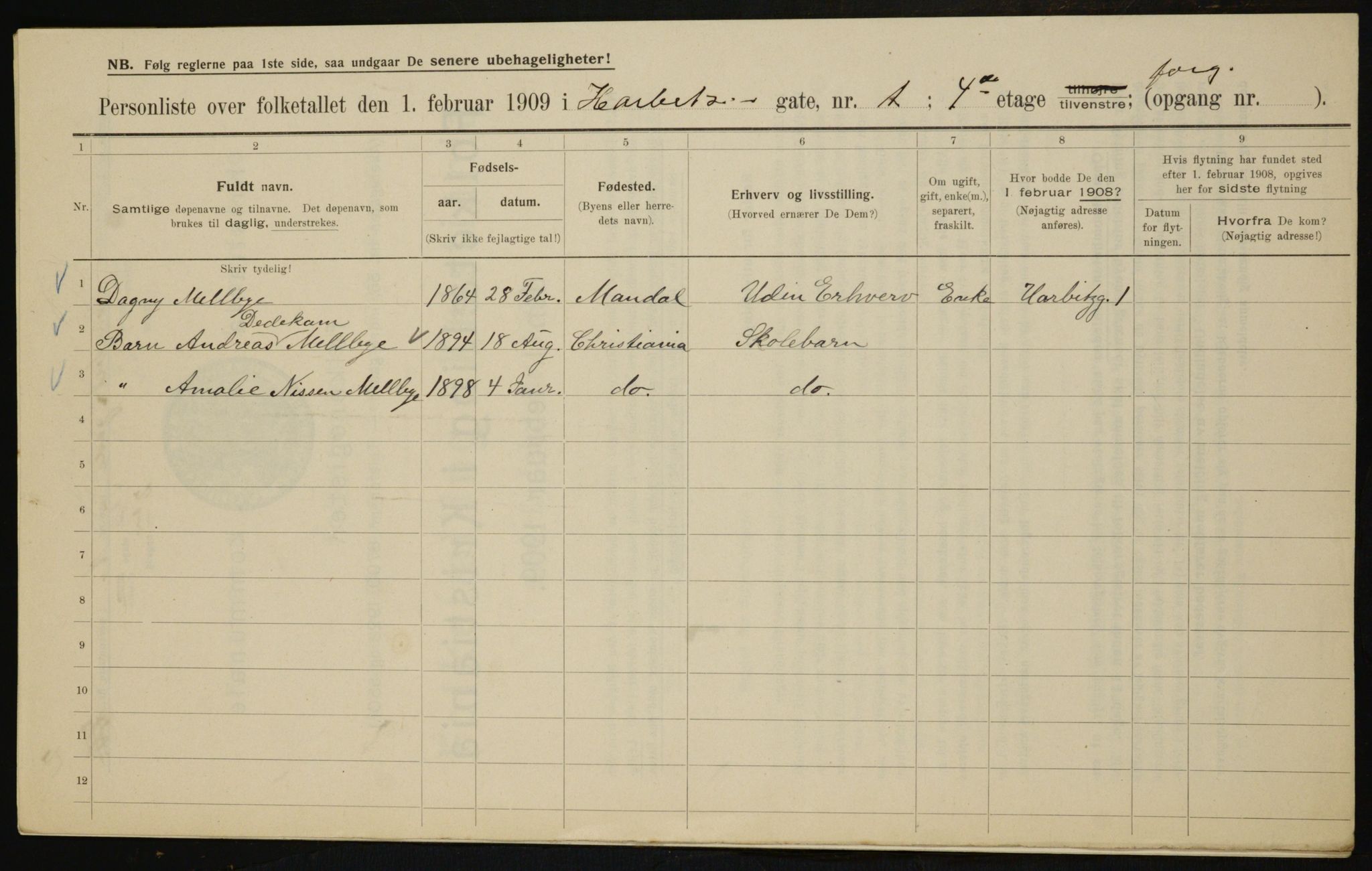 OBA, Municipal Census 1909 for Kristiania, 1909, p. 73285