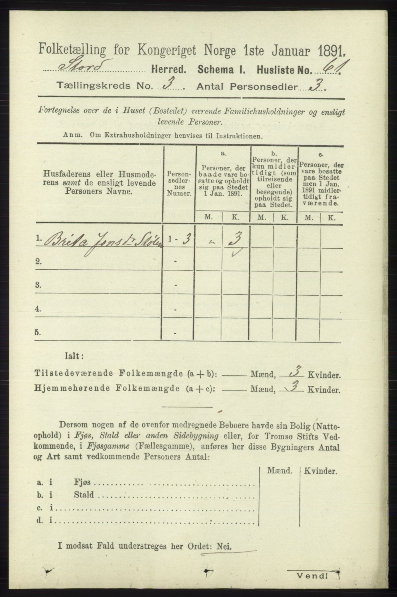 RA, 1891 census for 1221 Stord, 1891, p. 527