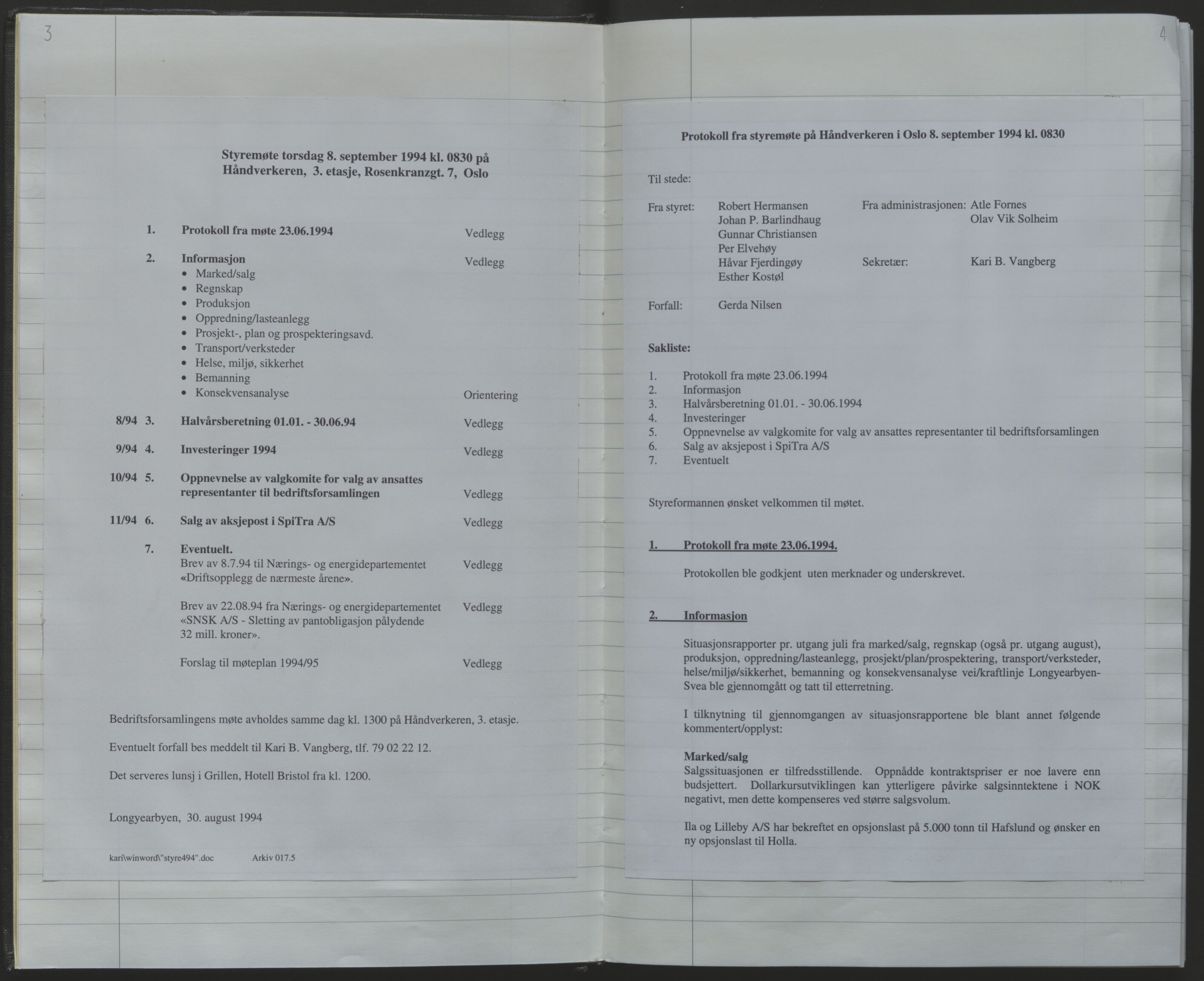 Store Norske Spitsbergen Kulkompani A/S, AV/SATØ-P-0073/09/A/Ab/Aba/L0004: Styreprotokoll 9, 1994-2000, p. 3-4