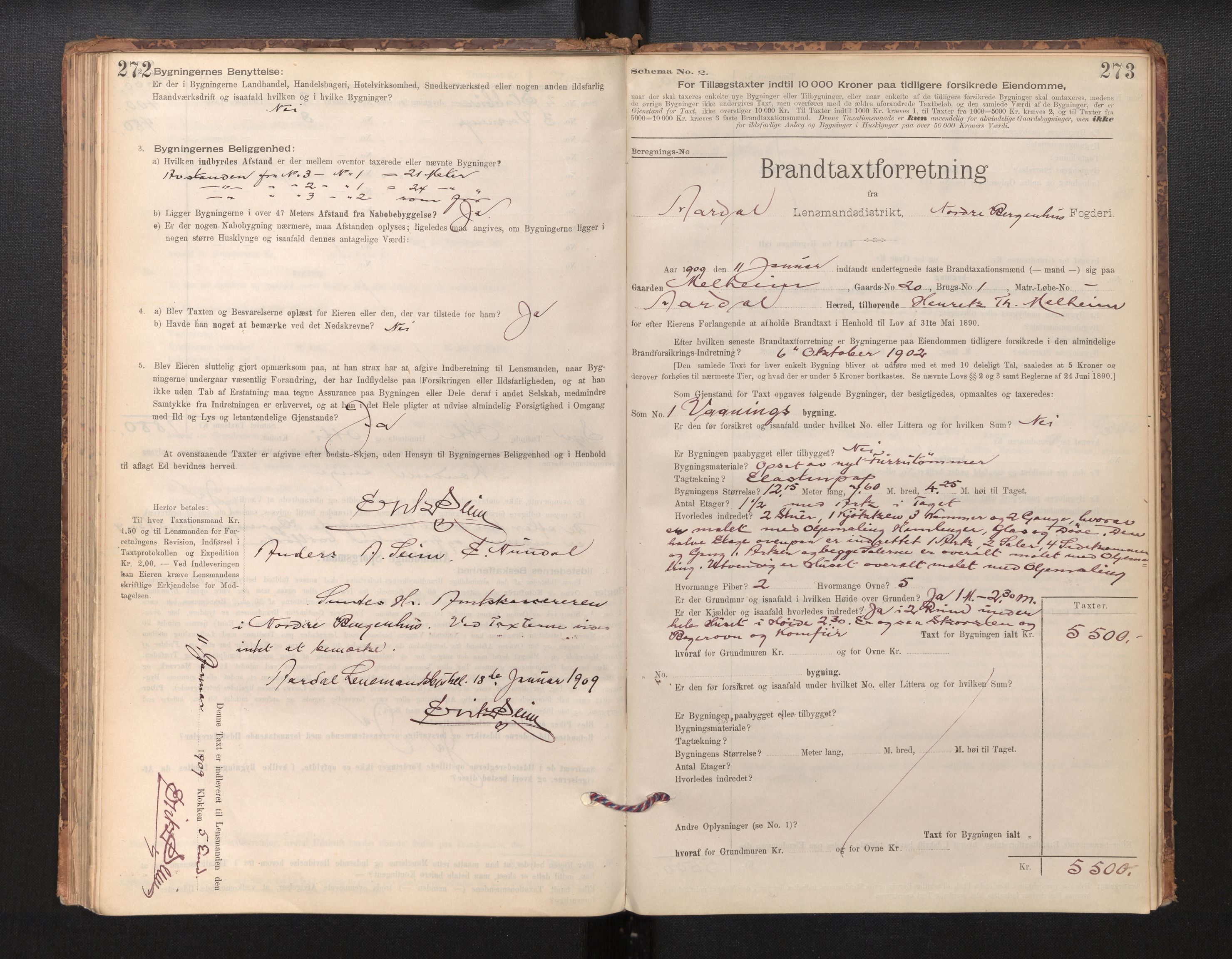 Lensmannen i Årdal, SAB/A-30501/0012/L0008: Branntakstprotokoll, skjematakst, 1895-1915, p. 272-273