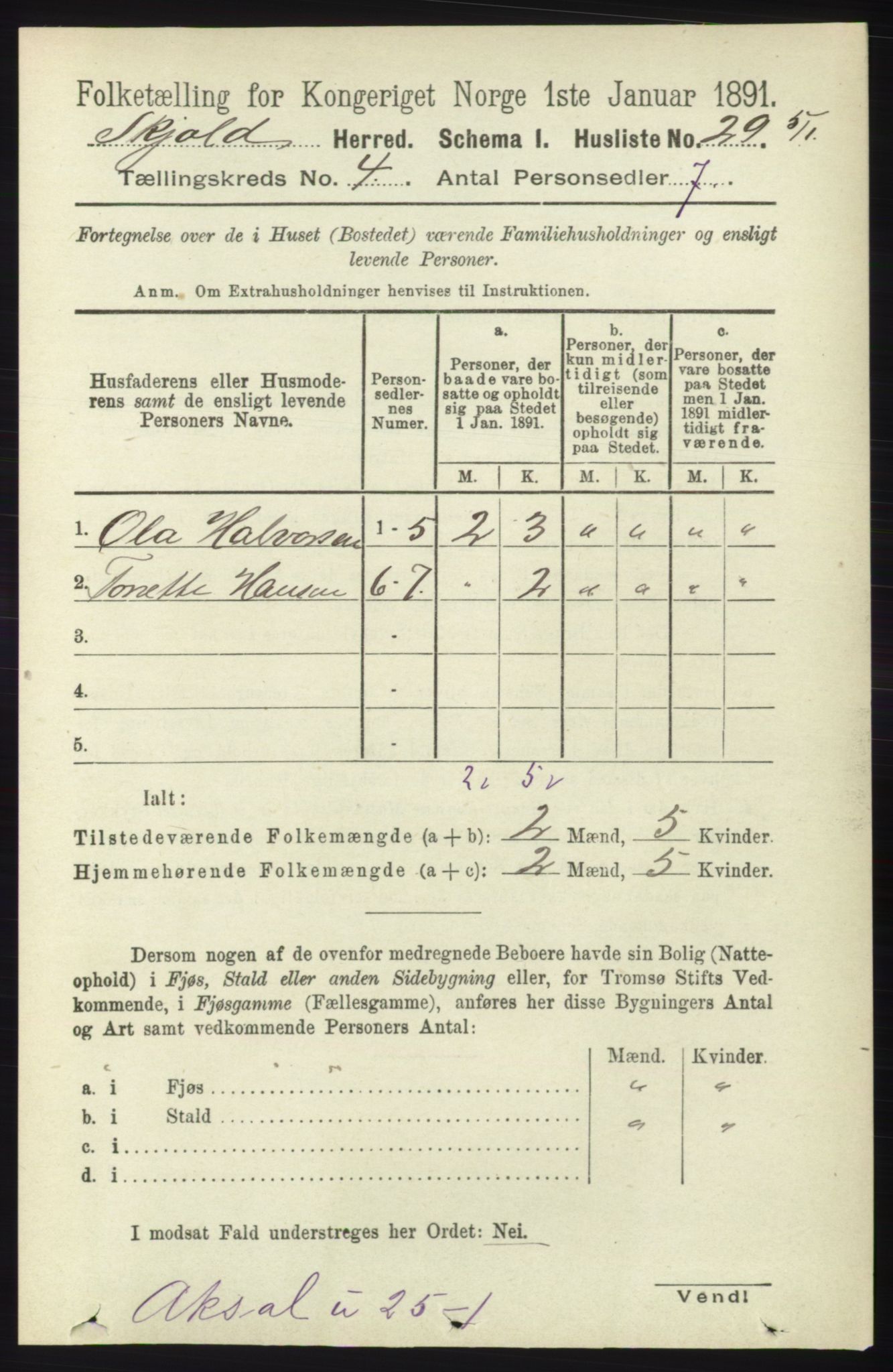 RA, 1891 census for 1154 Skjold, 1891, p. 539