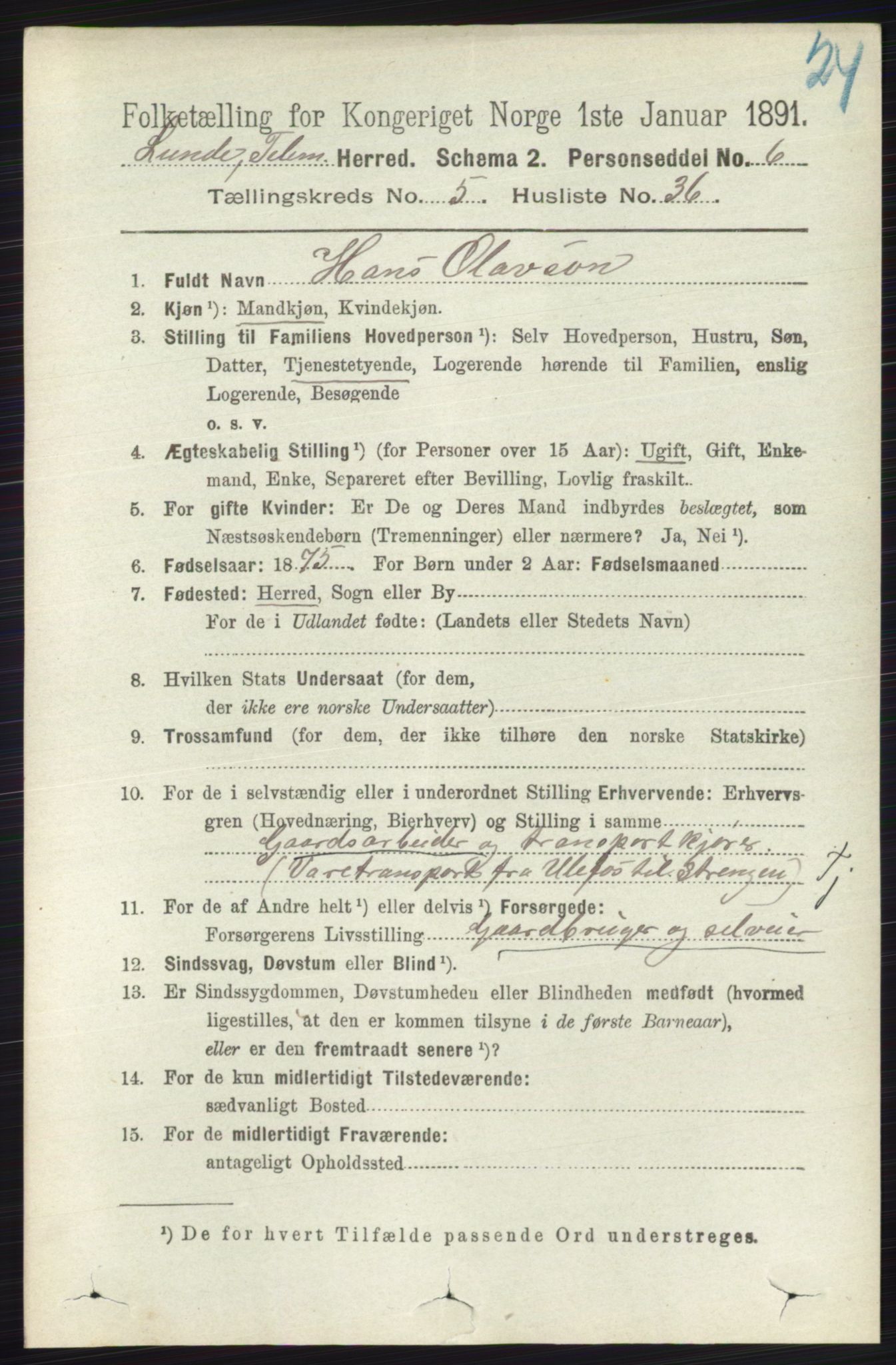 RA, 1891 census for 0820 Lunde, 1891, p. 1749