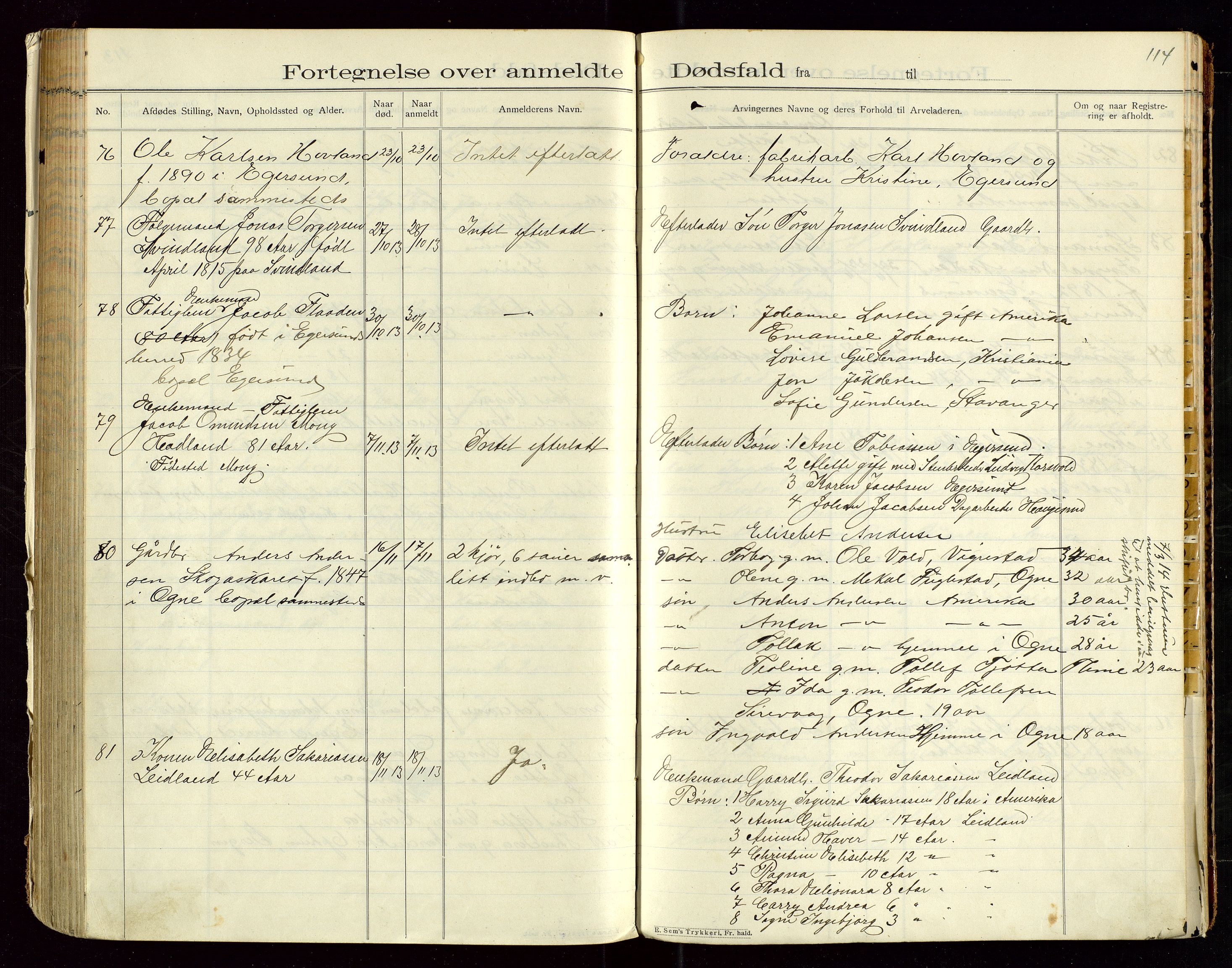 Eigersund lensmannskontor, SAST/A-100171/Gga/L0005: "Dødsfalds-Protokol" m/alfabetisk navneregister, 1905-1913, p. 114