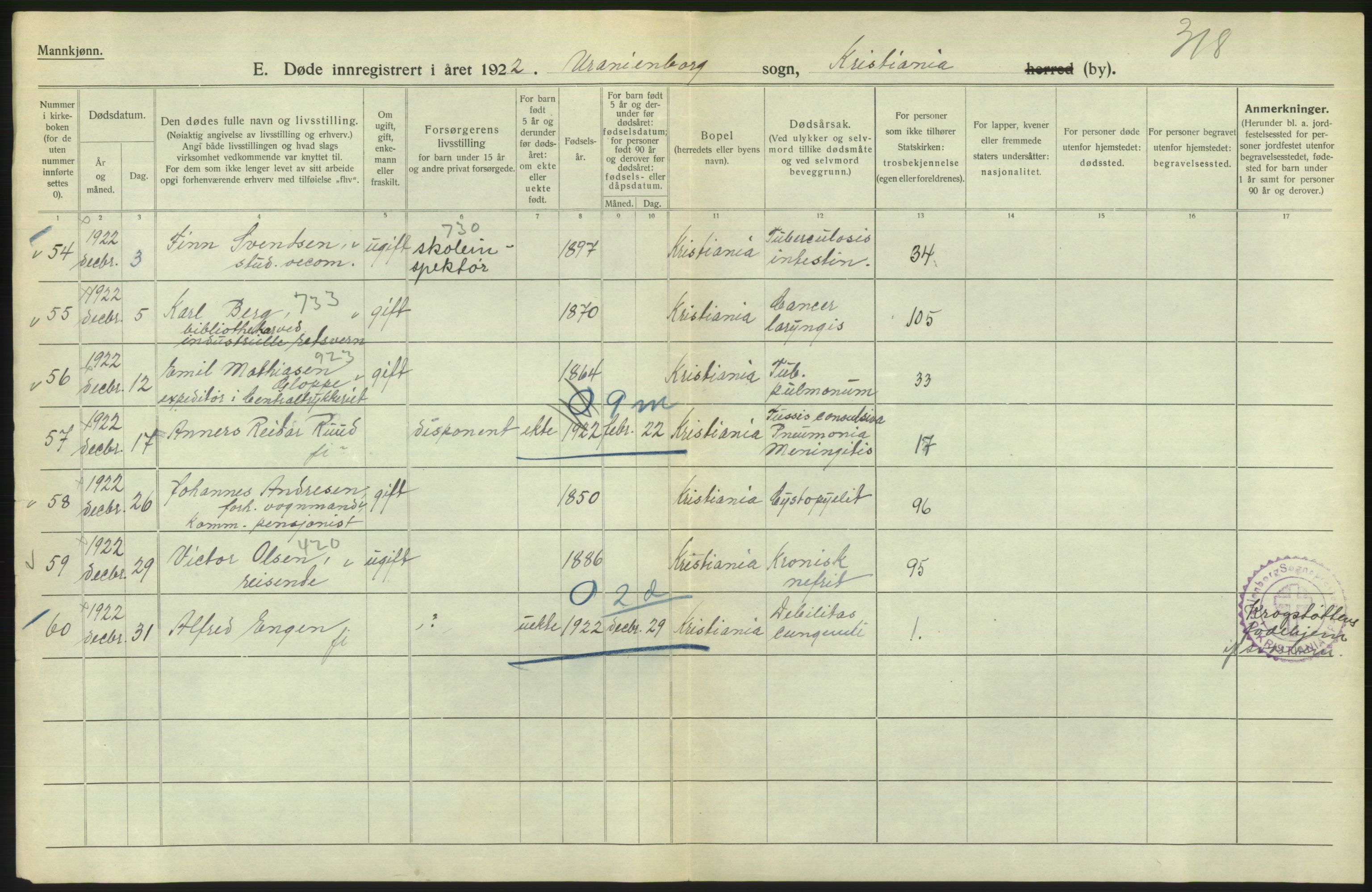 Statistisk sentralbyrå, Sosiodemografiske emner, Befolkning, AV/RA-S-2228/D/Df/Dfc/Dfcb/L0009: Kristiania: Døde, 1922, p. 326