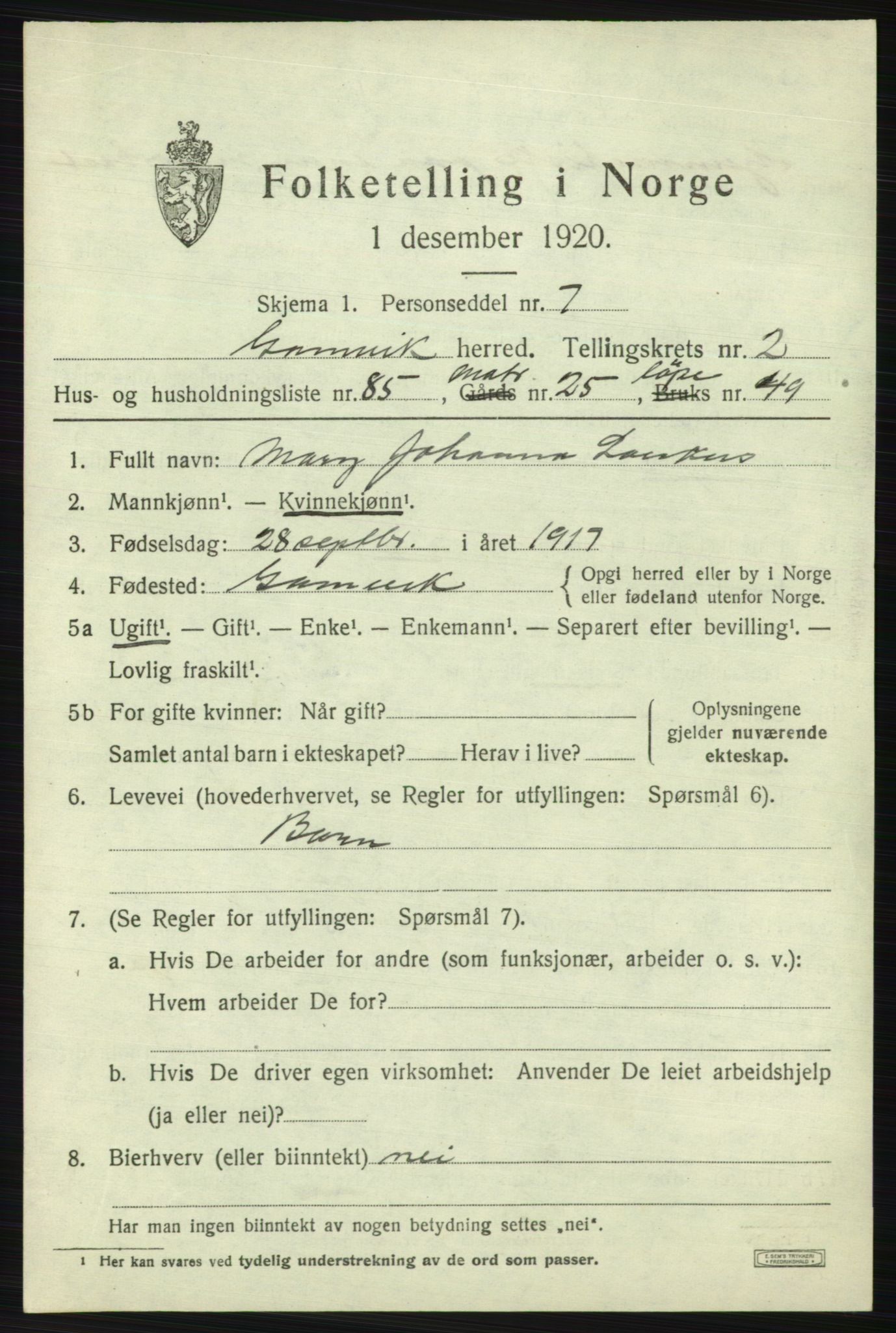 SATØ, 1920 census for Gamvik, 1920, p. 2392