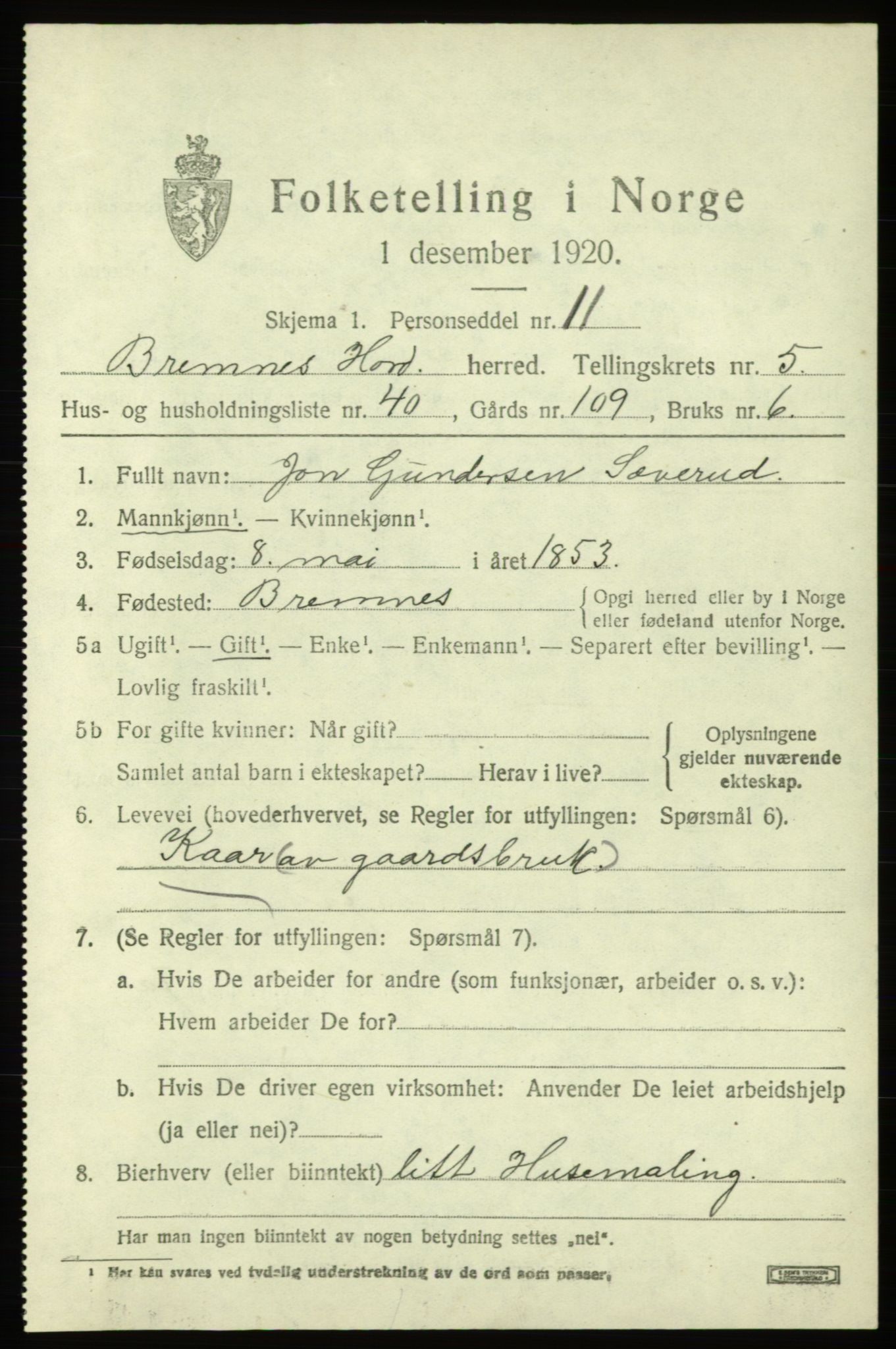 SAB, 1920 census for Bremnes, 1920, p. 3046