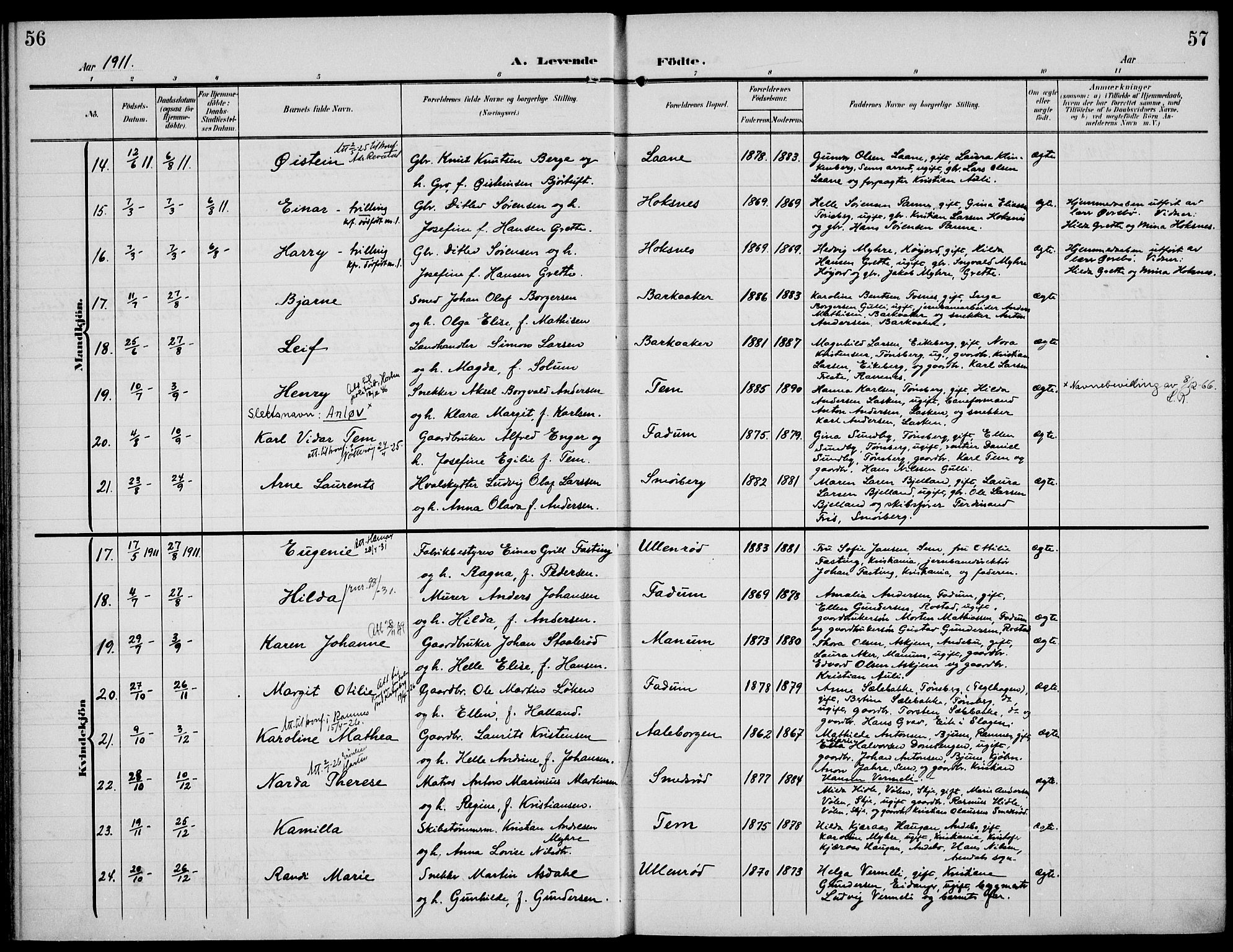 Sem kirkebøker, AV/SAKO-A-5/F/Fa/L0012: Parish register (official) no. I 12, 1905-1915, p. 56-57