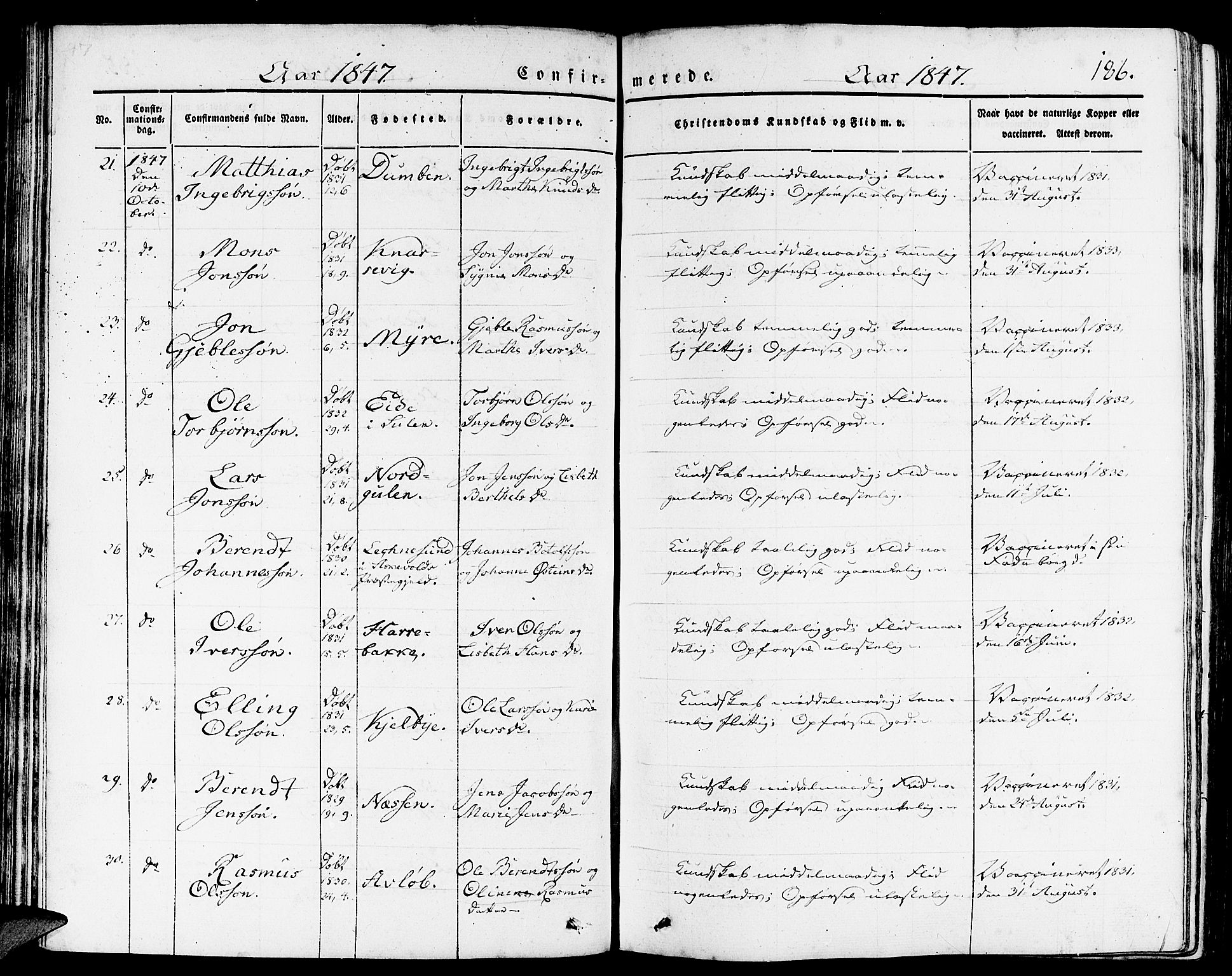 Gulen sokneprestembete, AV/SAB-A-80201/H/Haa/Haaa/L0020: Parish register (official) no. A 20, 1837-1847, p. 186