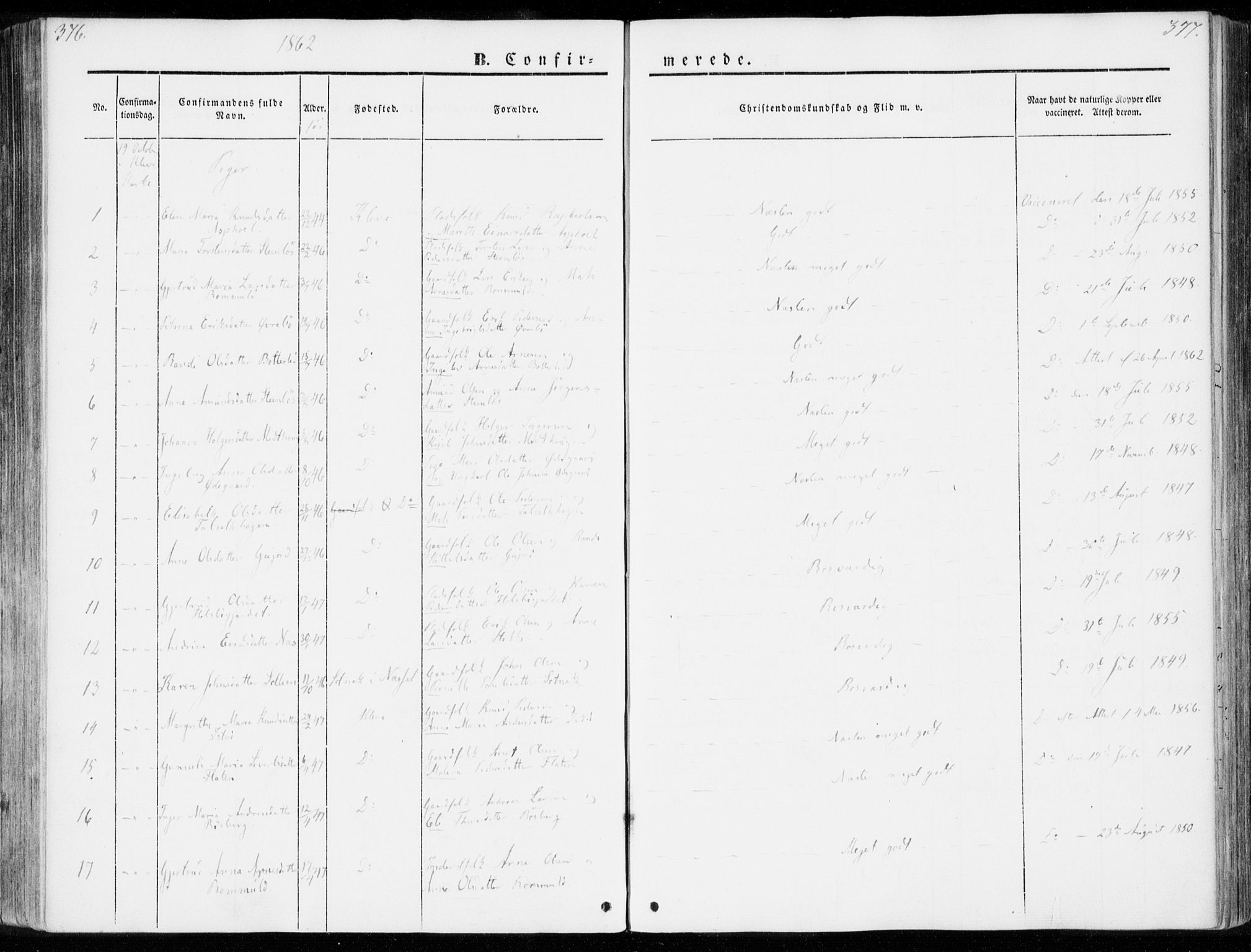 Ministerialprotokoller, klokkerbøker og fødselsregistre - Møre og Romsdal, AV/SAT-A-1454/557/L0680: Parish register (official) no. 557A02, 1843-1869, p. 376-377