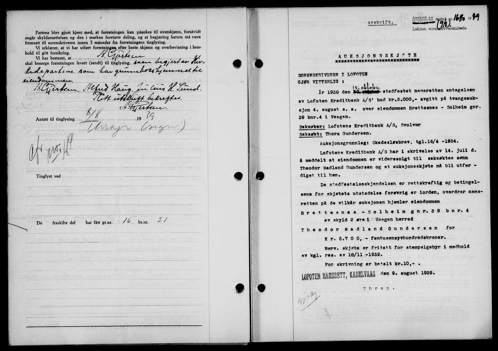 Lofoten sorenskriveri, SAT/A-0017/1/2/2C/L0006a: Mortgage book no. 6a, 1939-1939, Diary no: : 1680/1939