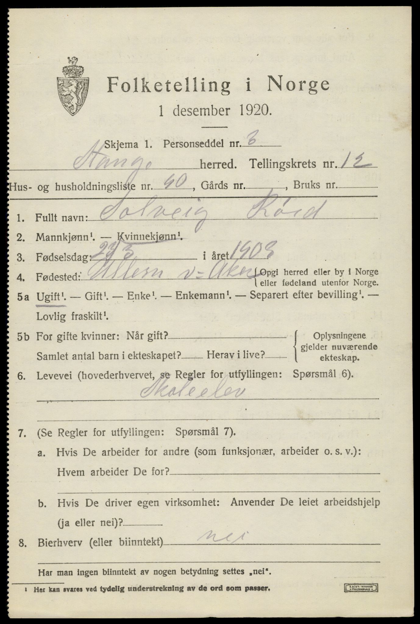 SAH, 1920 census for Stange, 1920, p. 19397