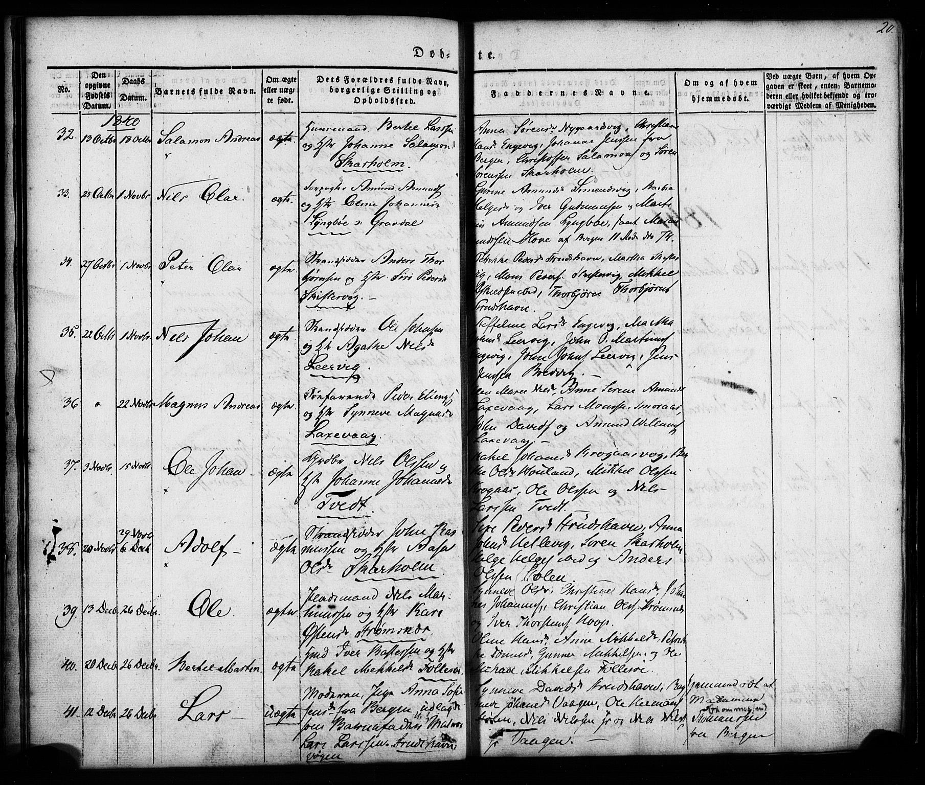 Askøy Sokneprestembete, SAB/A-74101/H/Ha/Haa/Haaa/L0005: Parish register (official) no. A 5, 1836-1852, p. 20