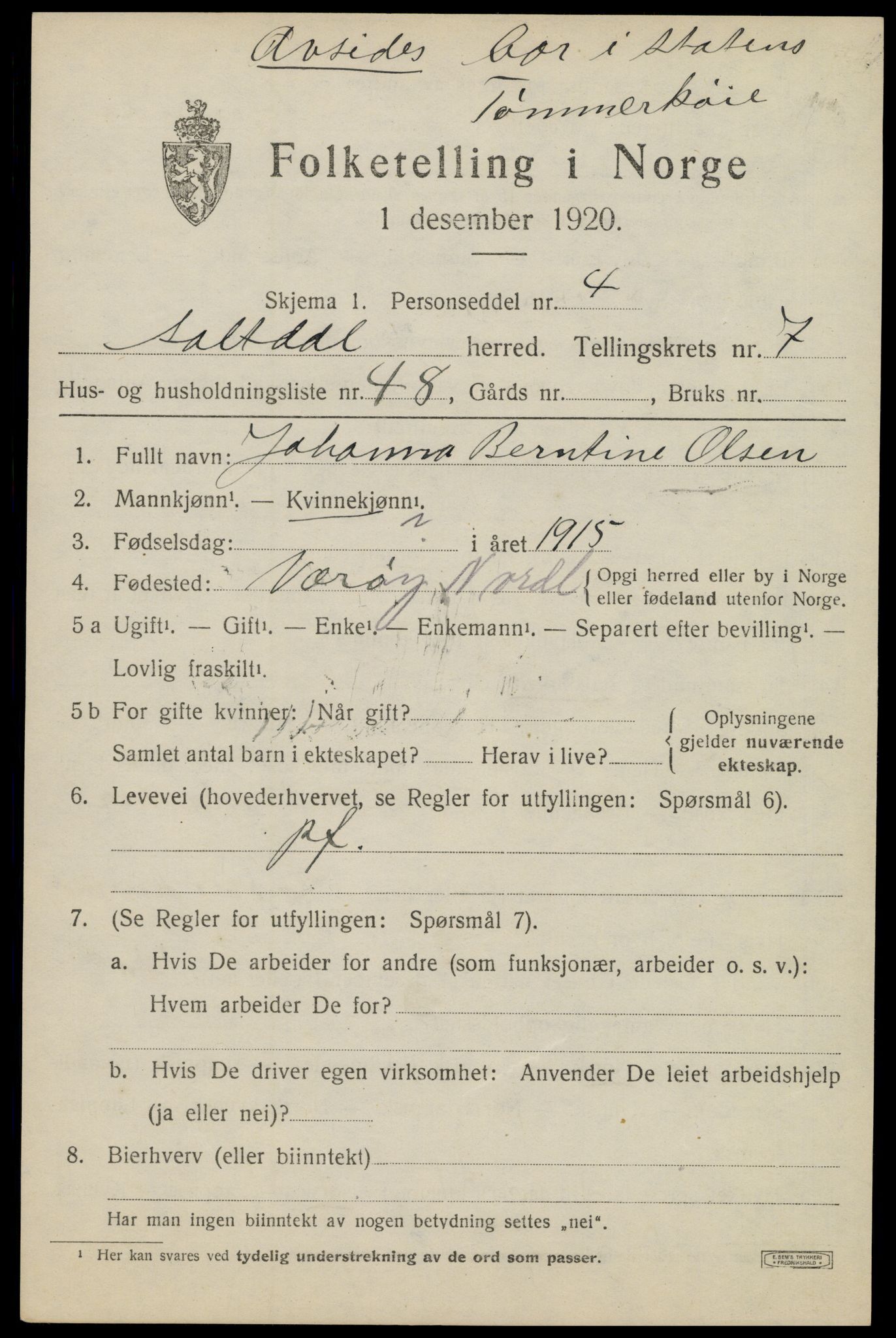 SAT, 1920 census for Saltdal, 1920, p. 8503