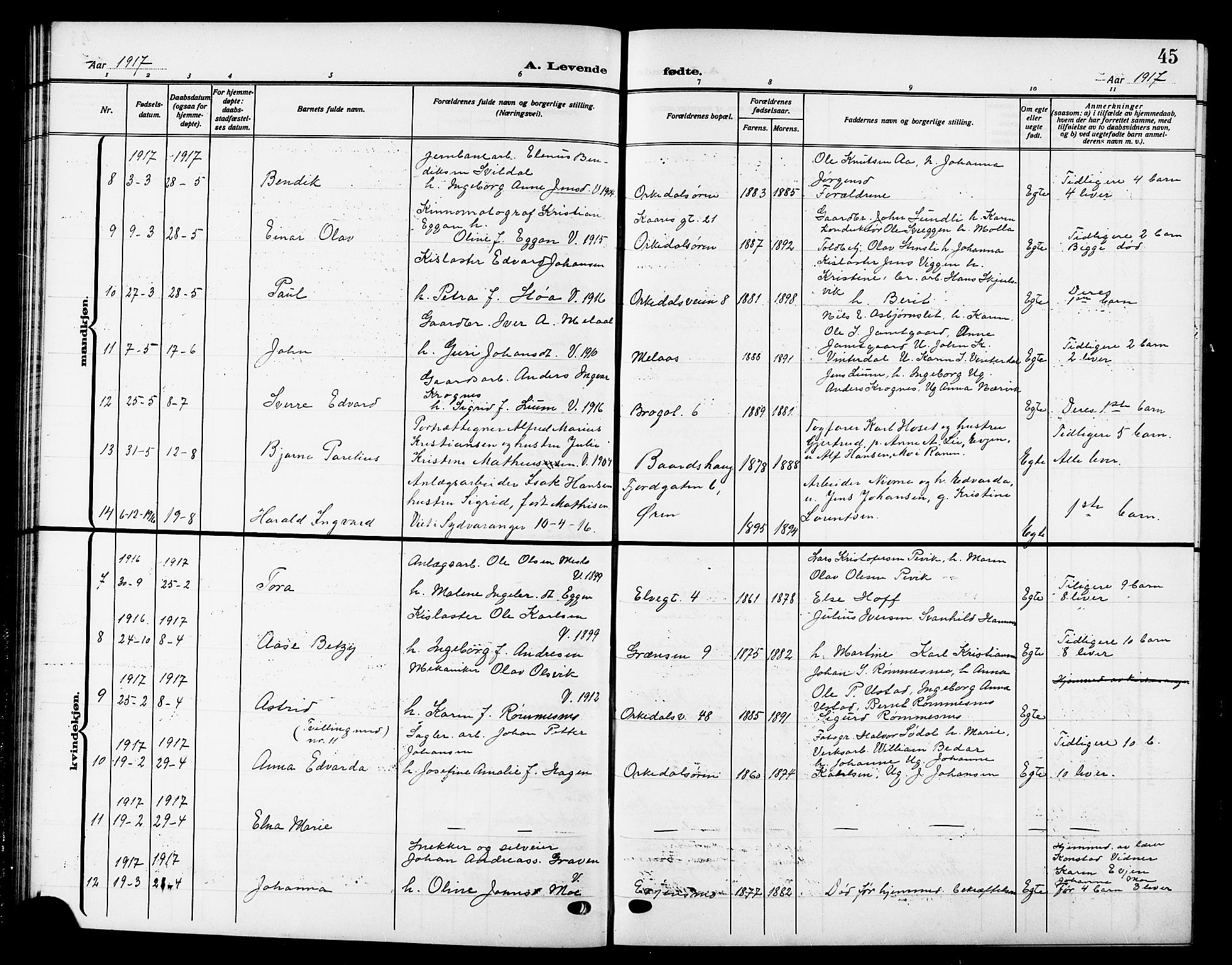 Ministerialprotokoller, klokkerbøker og fødselsregistre - Sør-Trøndelag, SAT/A-1456/669/L0831: Parish register (copy) no. 669C01, 1909-1924, p. 45